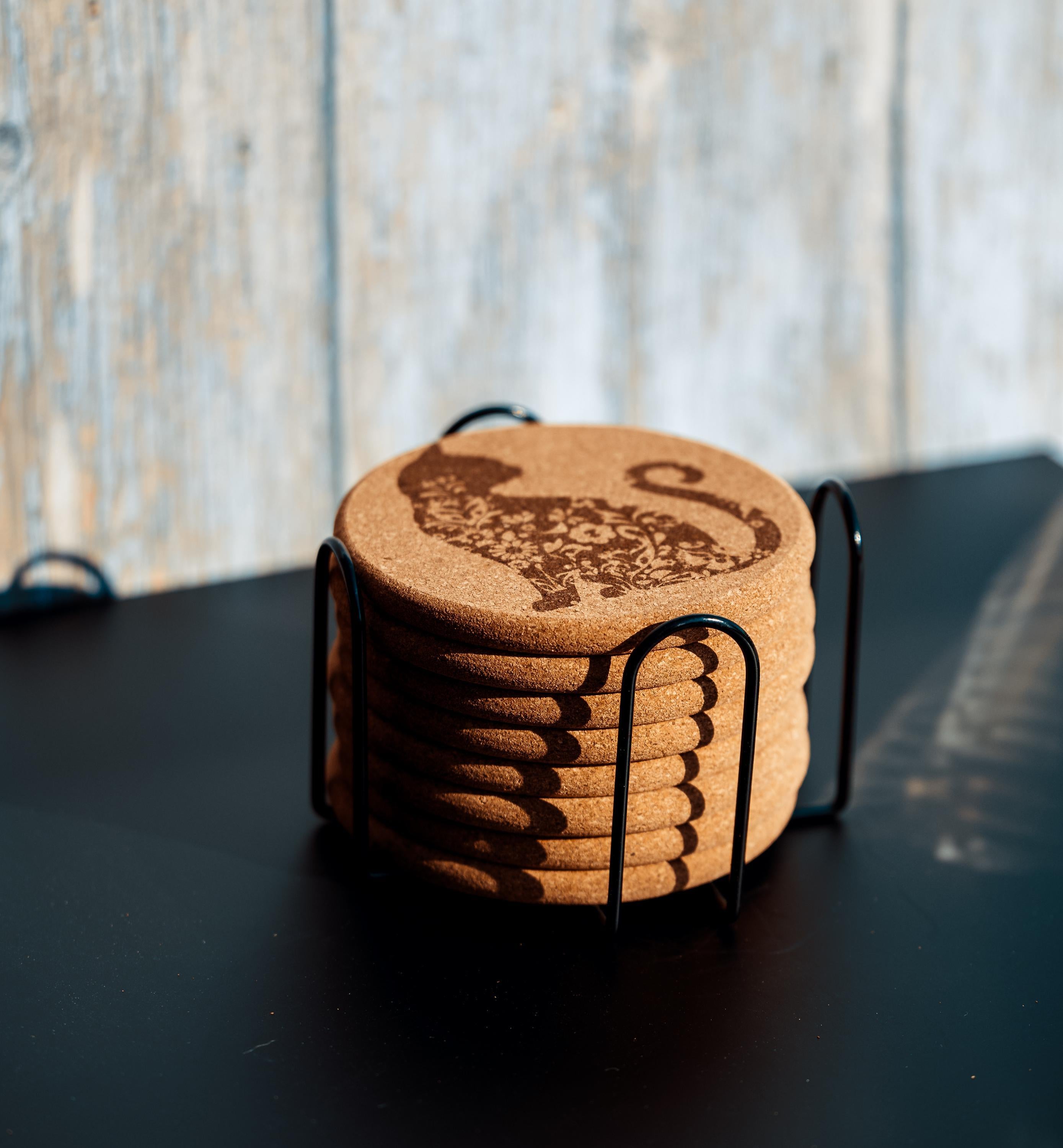 Laser engraved cat cork coaster set with holder (set of 8)