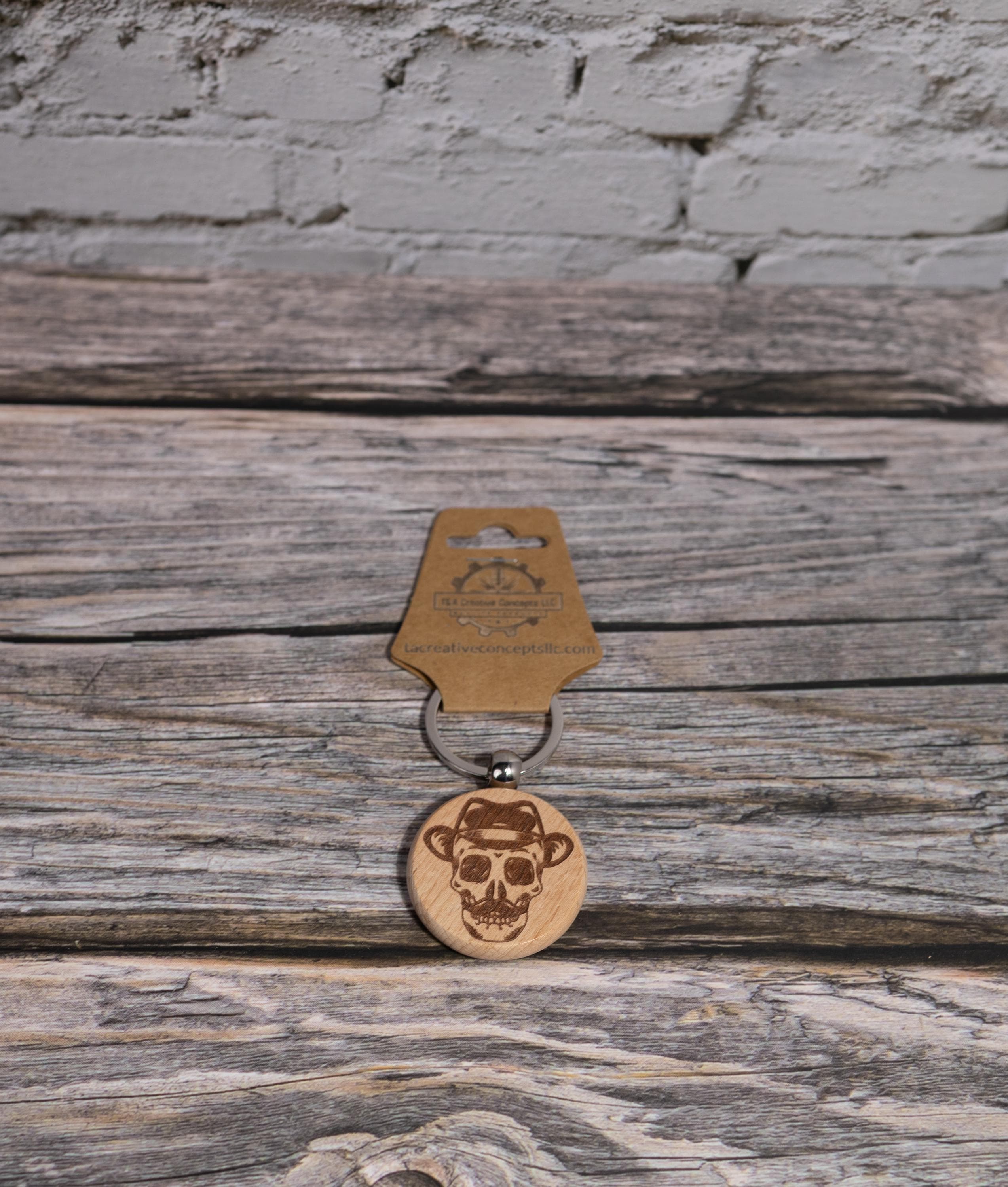 Laser engraved hardwood skull keychain / bag charm: fedora & mustache