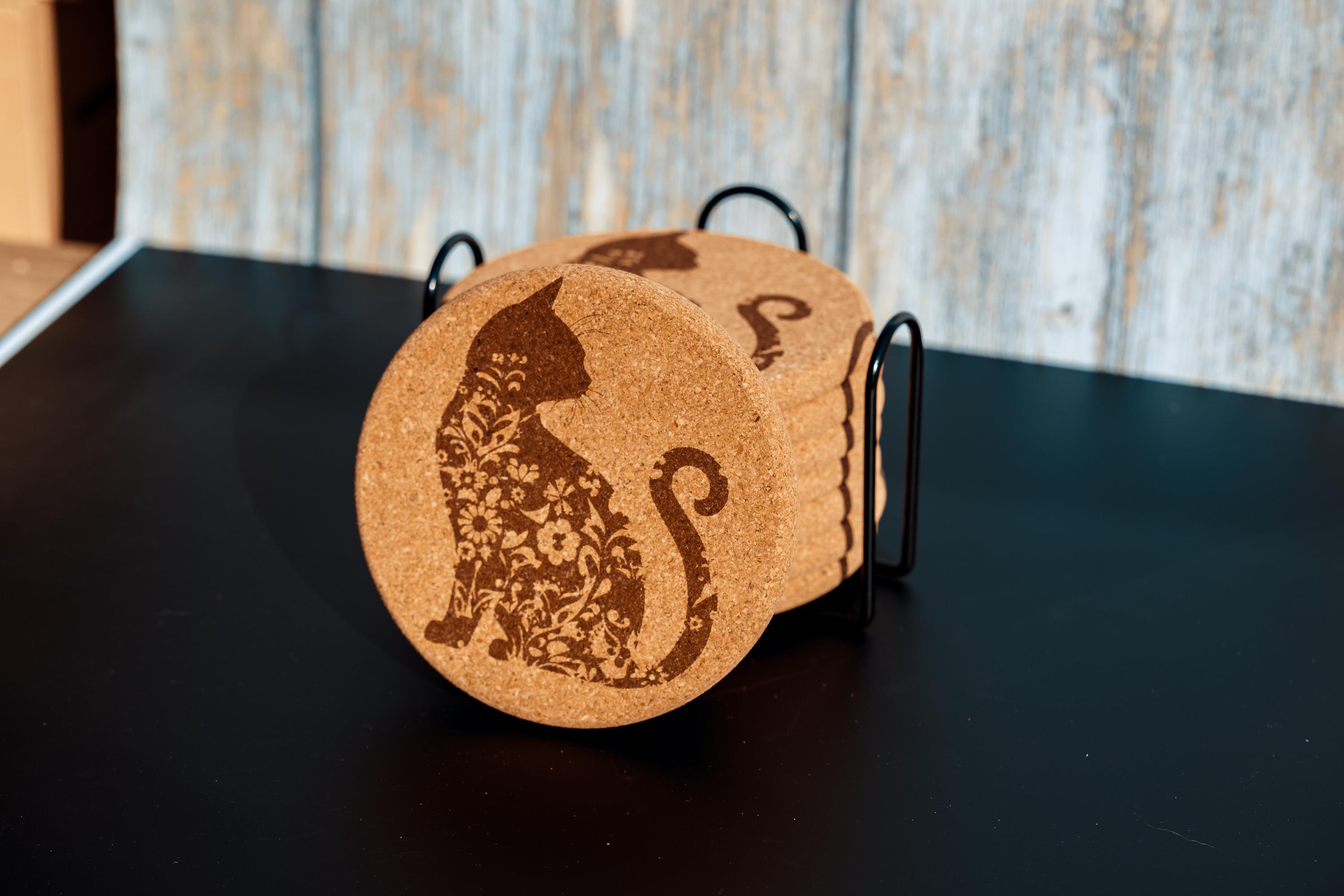 Laser engraved cat cork coaster set with holder (set of 8)