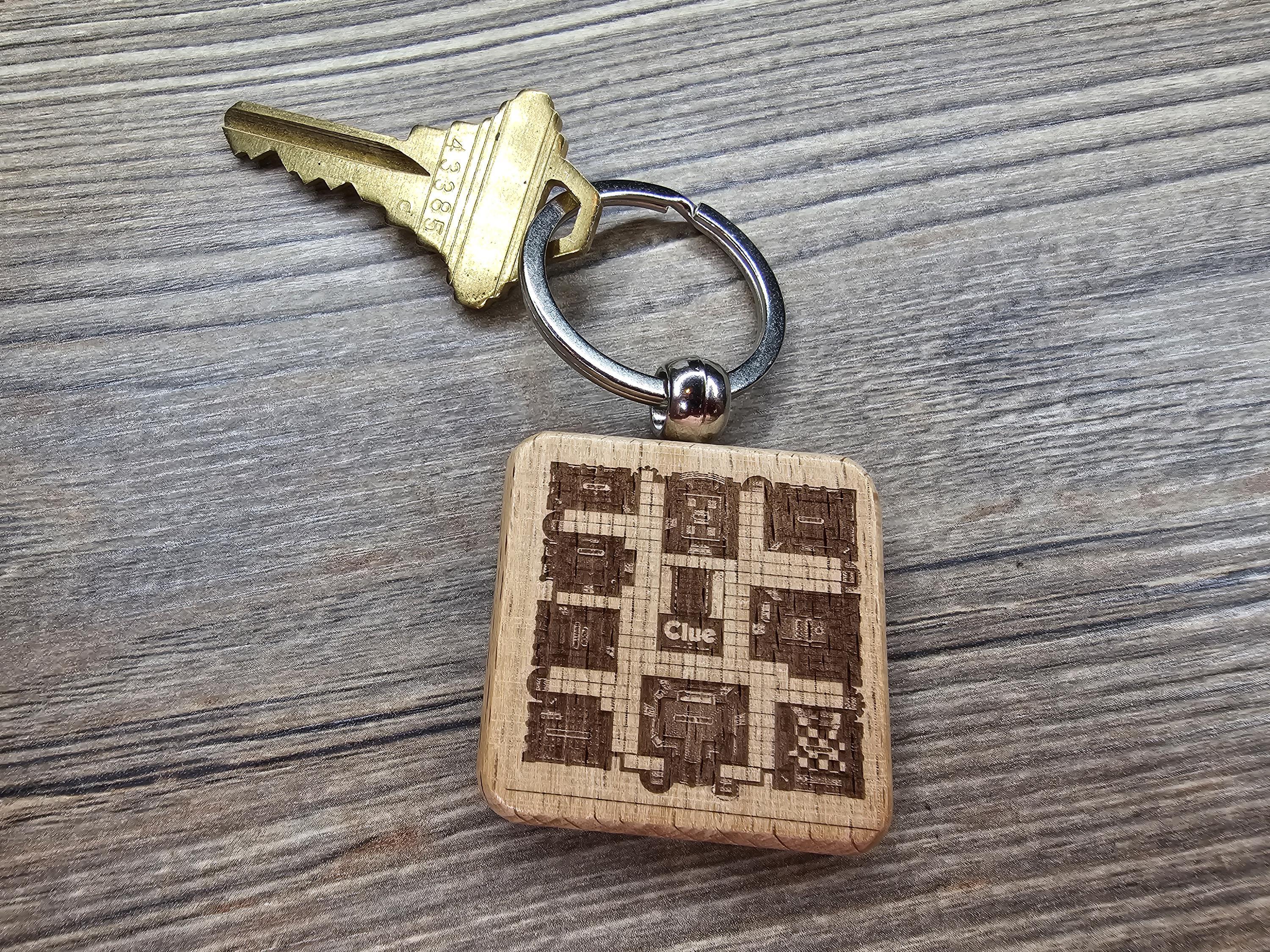 Laser engraved Clue gameboard keychain / bag charm: hardwood & stainless steel