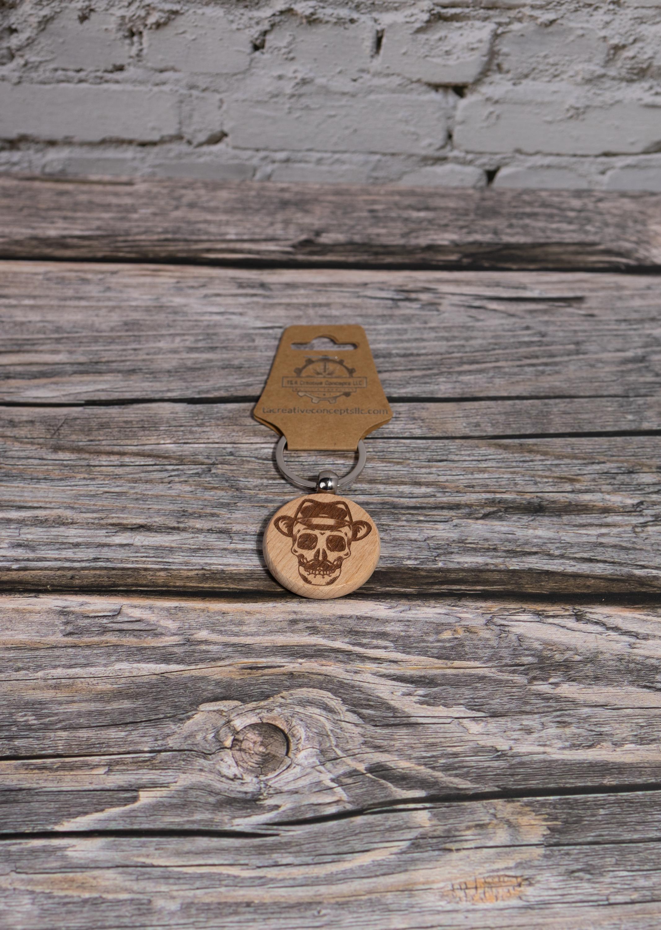 Laser engraved hardwood skull keychain / bag charm: fedora & mustache