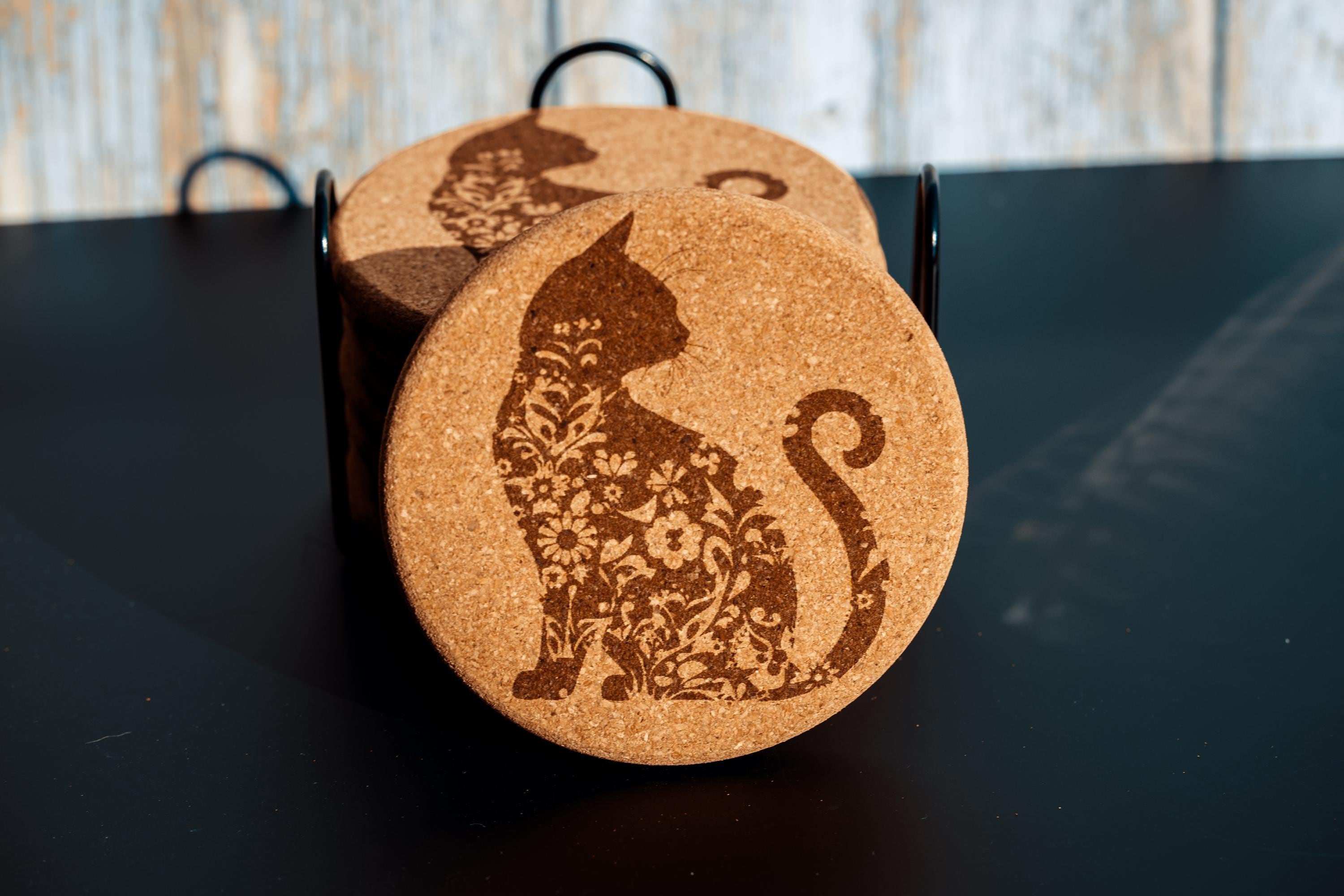 Laser engraved cat cork coaster set with holder (set of 8)