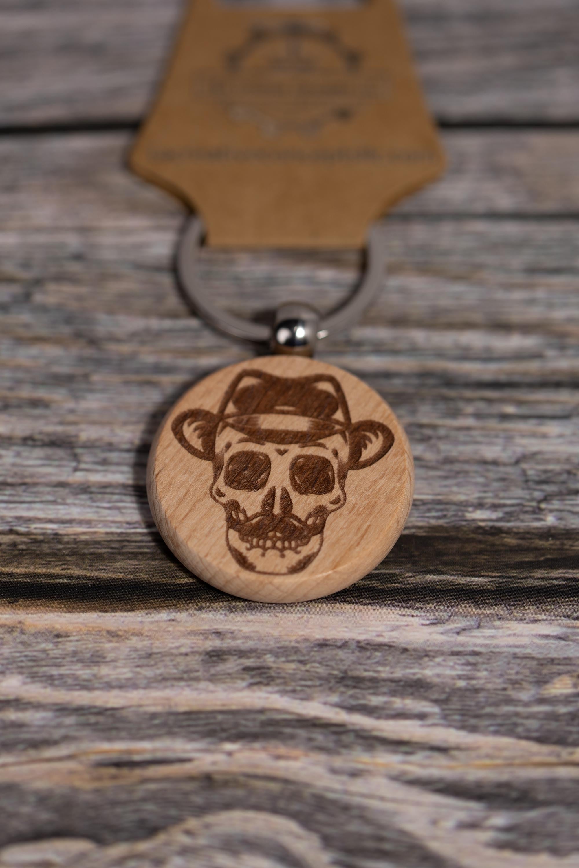 Laser engraved hardwood skull keychain / bag charm: fedora & mustache