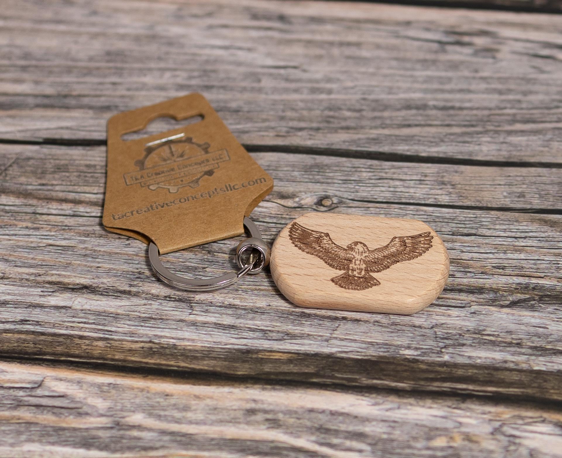 Laser engraved hardwood eagle keychain / bag charm - rustic key ring