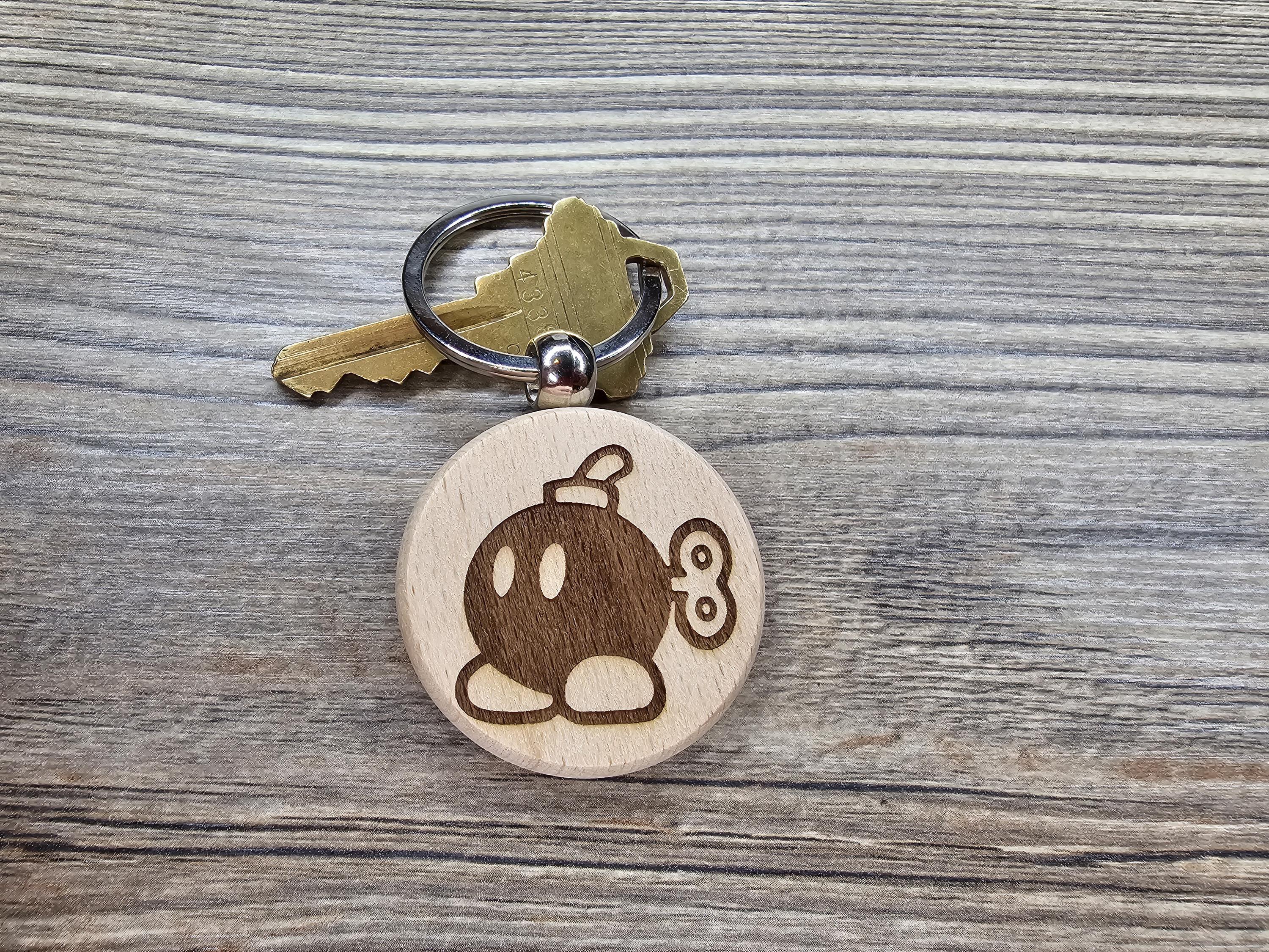 Hardwood Mario Bob-Omb Keychain / Bag Charm: laser engraved gamer gift
