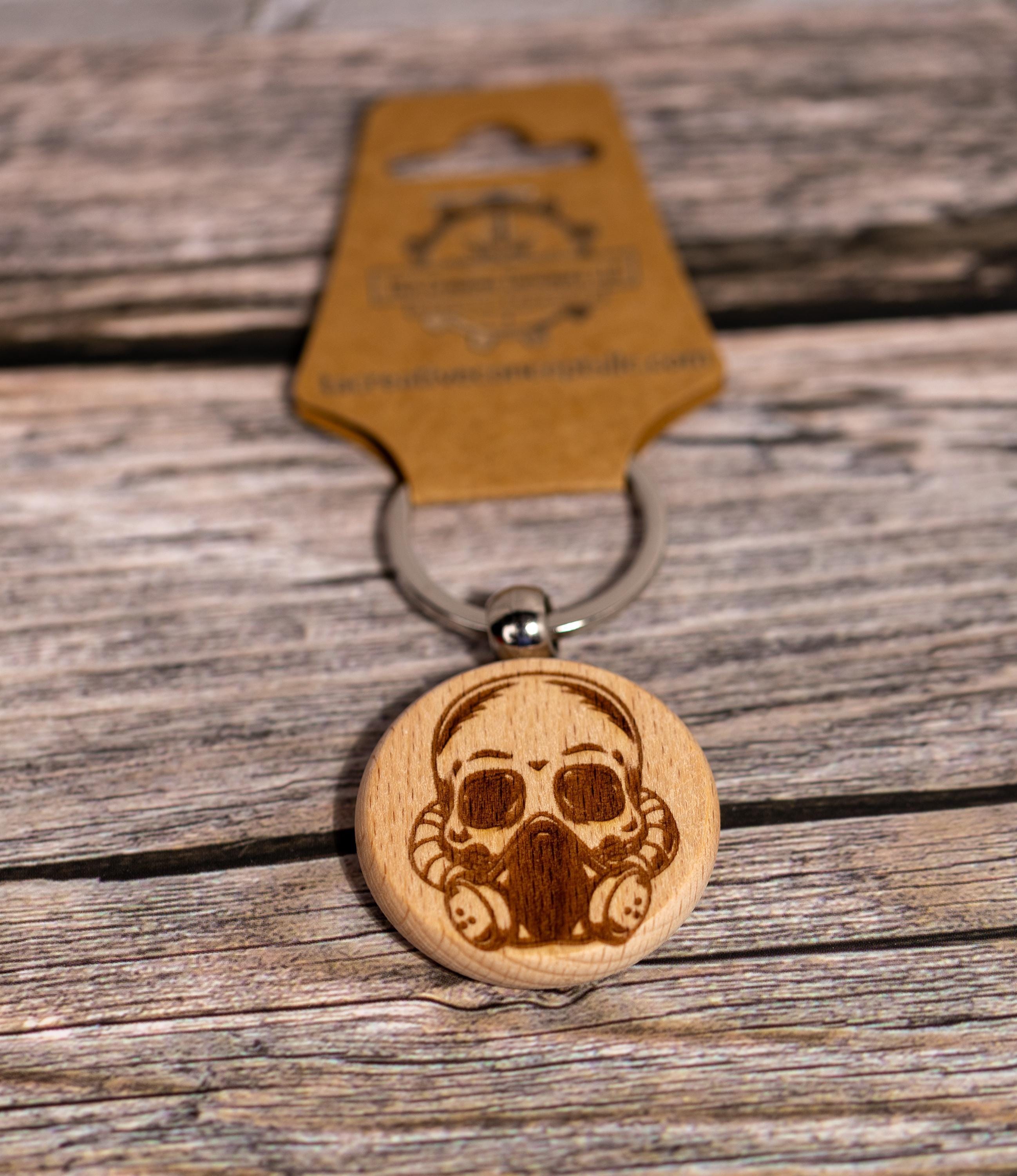 Gas mask skull keychain / bag charm: laser engraved hardwood, stainless steel keyring