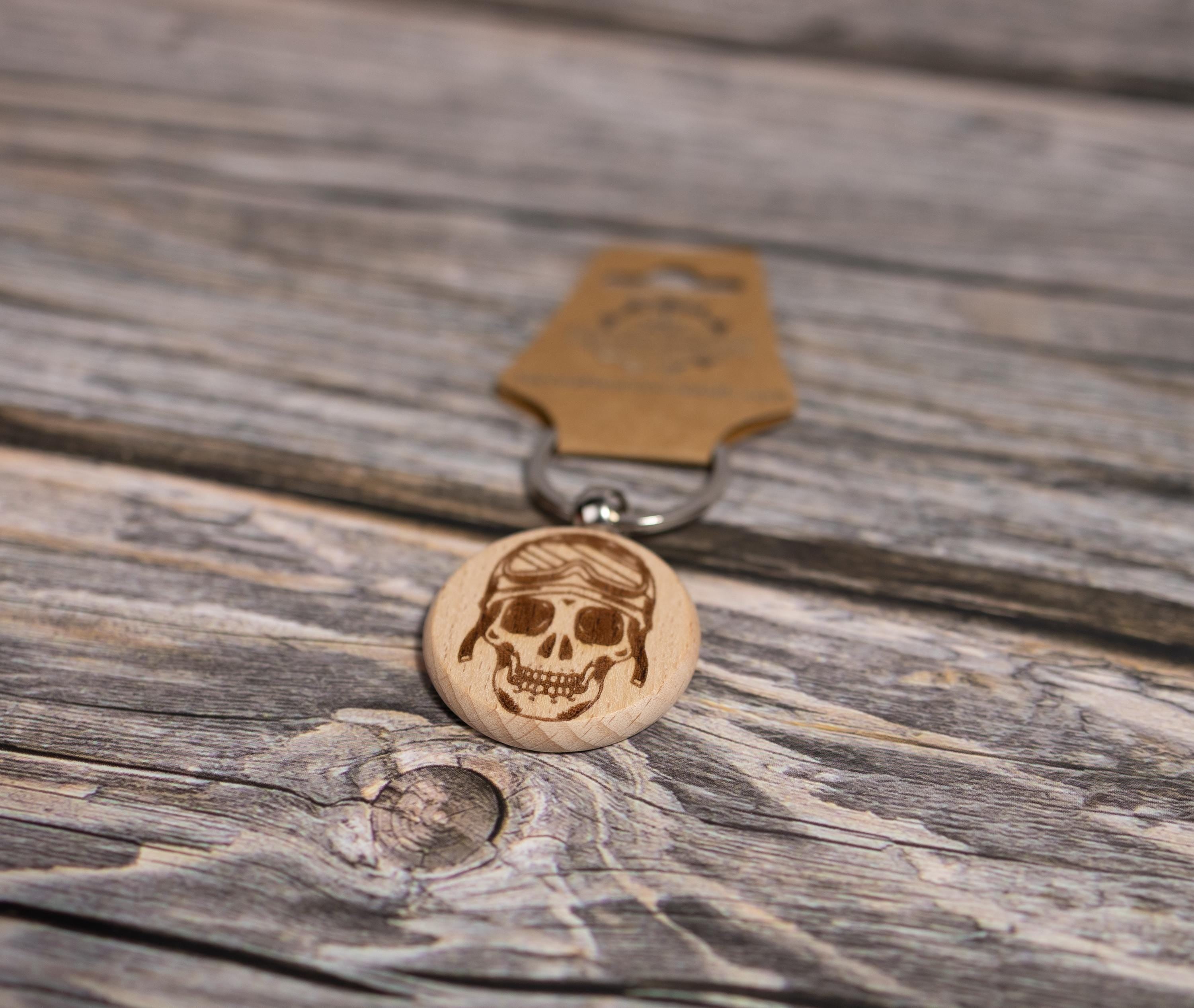 Motorcycle Skull keychain / bag charm: laser engraved hardwood, stainless steel keyring