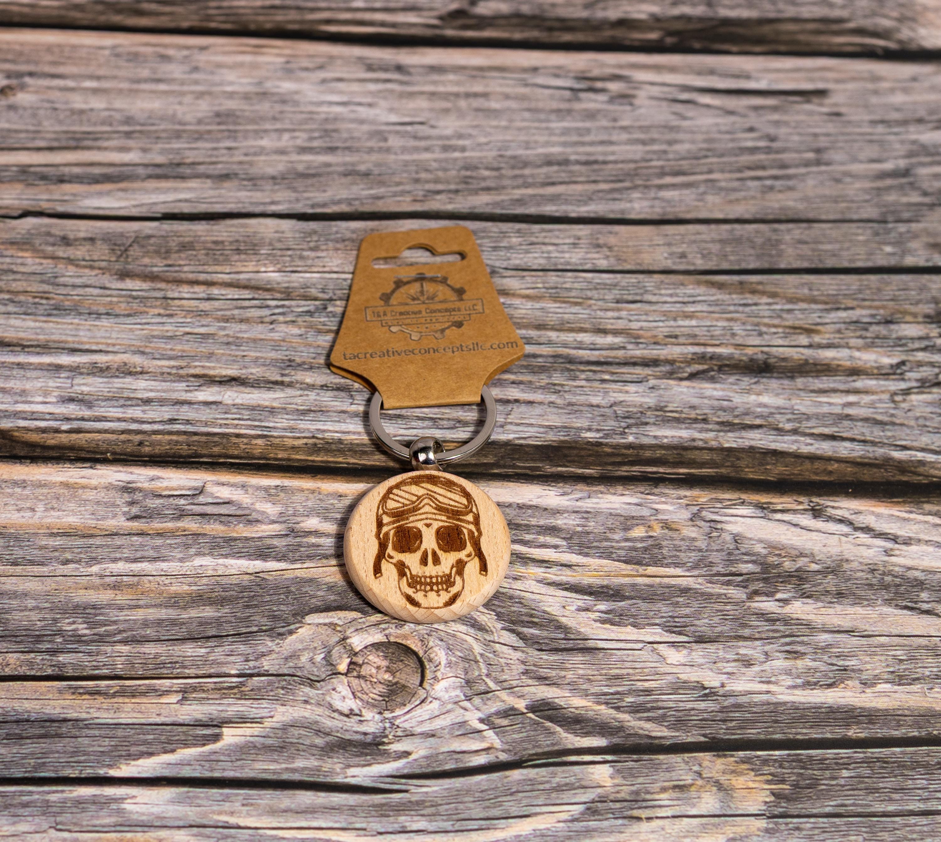 Motorcycle Skull keychain / bag charm: laser engraved hardwood, stainless steel keyring
