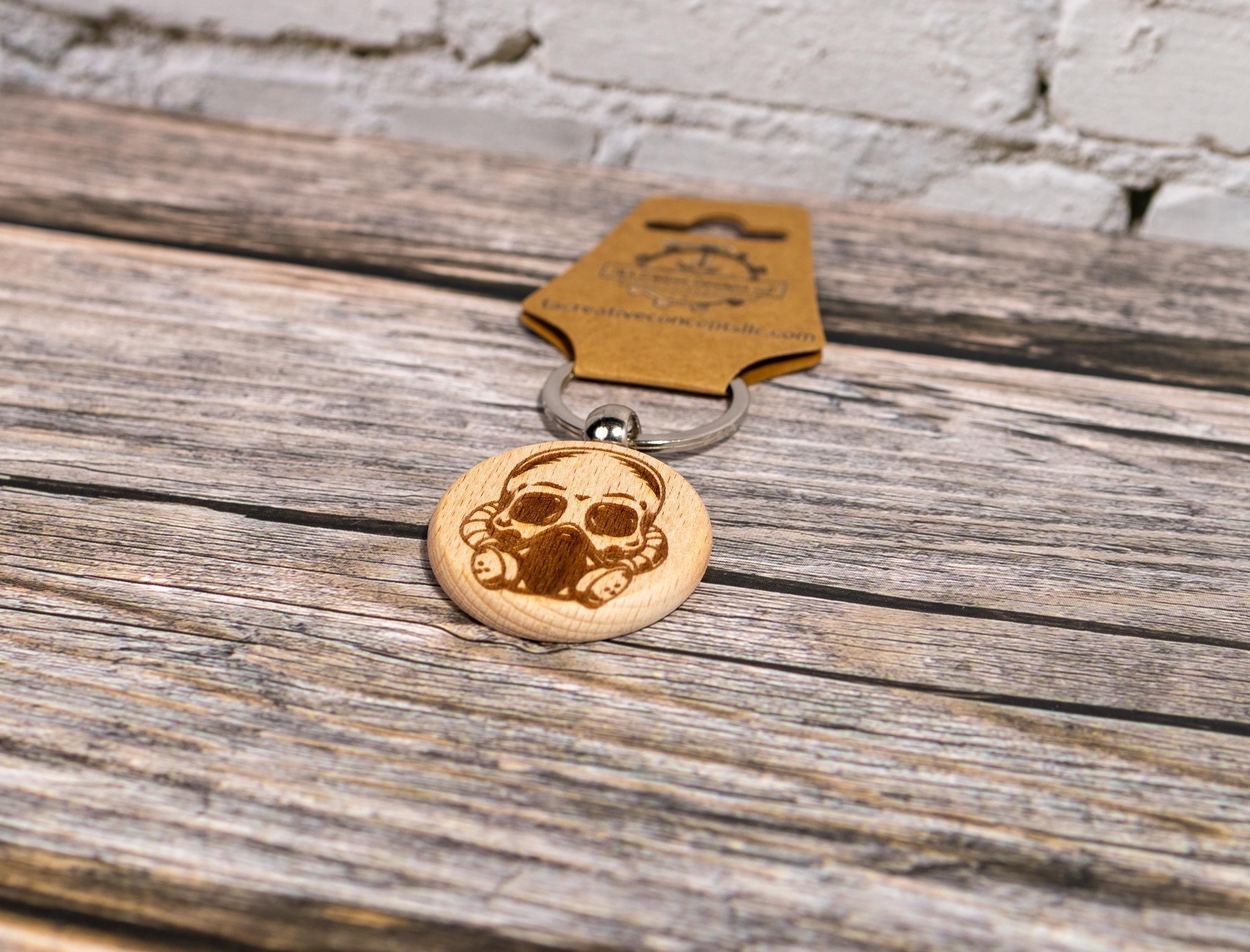 Gas mask skull keychain / bag charm: laser engraved hardwood, stainless steel keyring