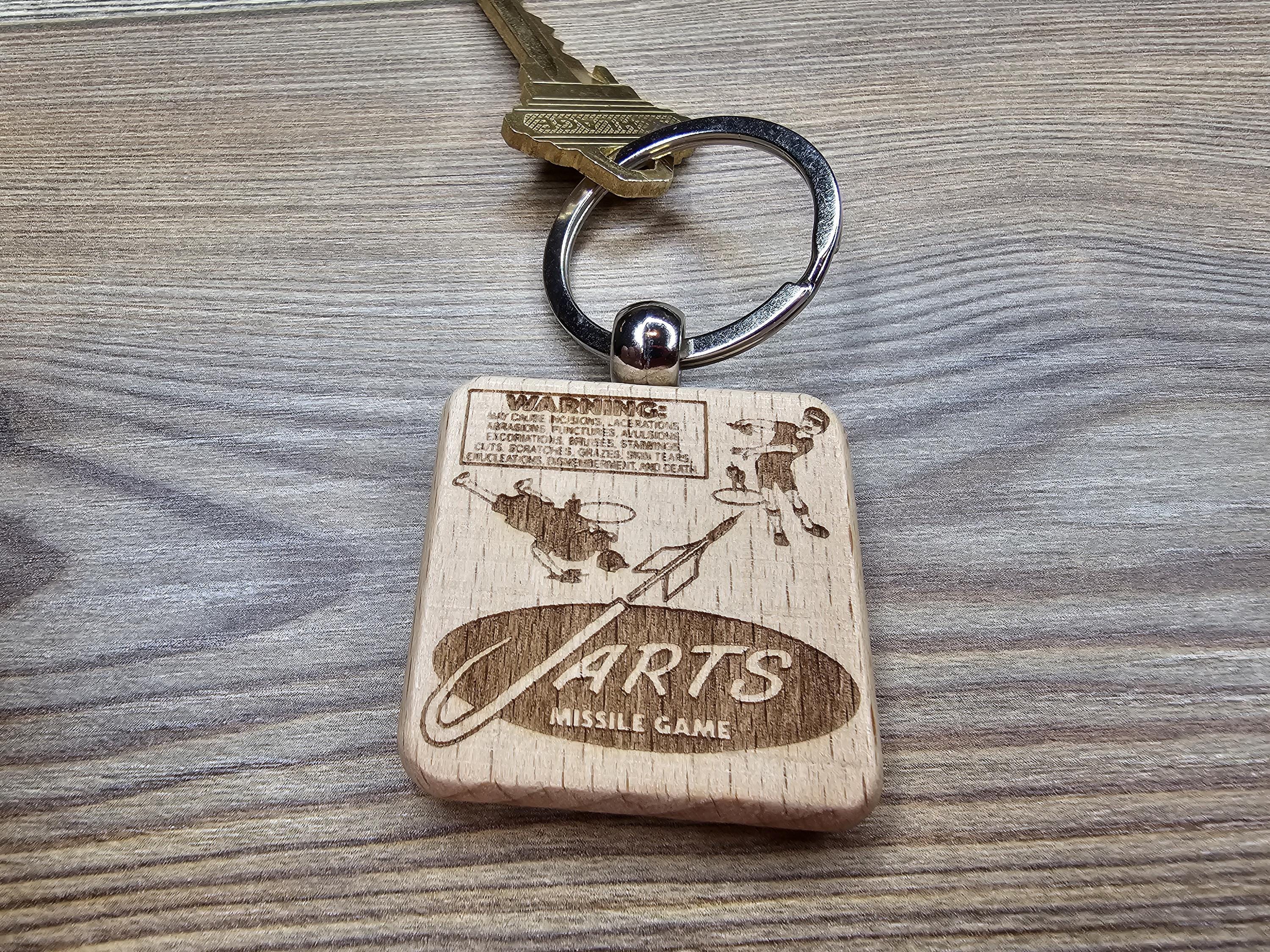 Jarts warning label keychain / bag charm: laser engraved wood, retro toy gift