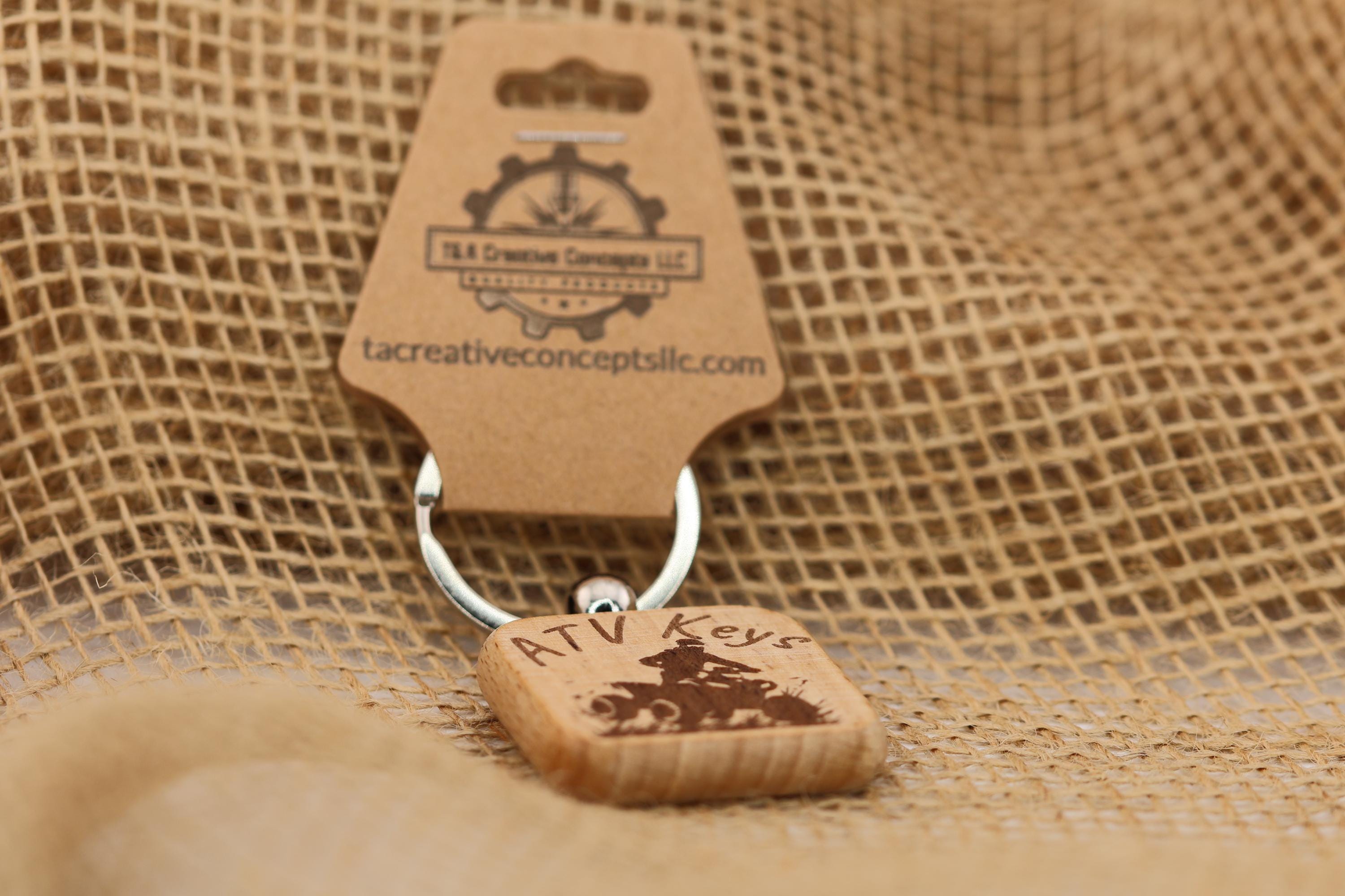 Laser engraved atv keys keychain: hardwood & stainless steel