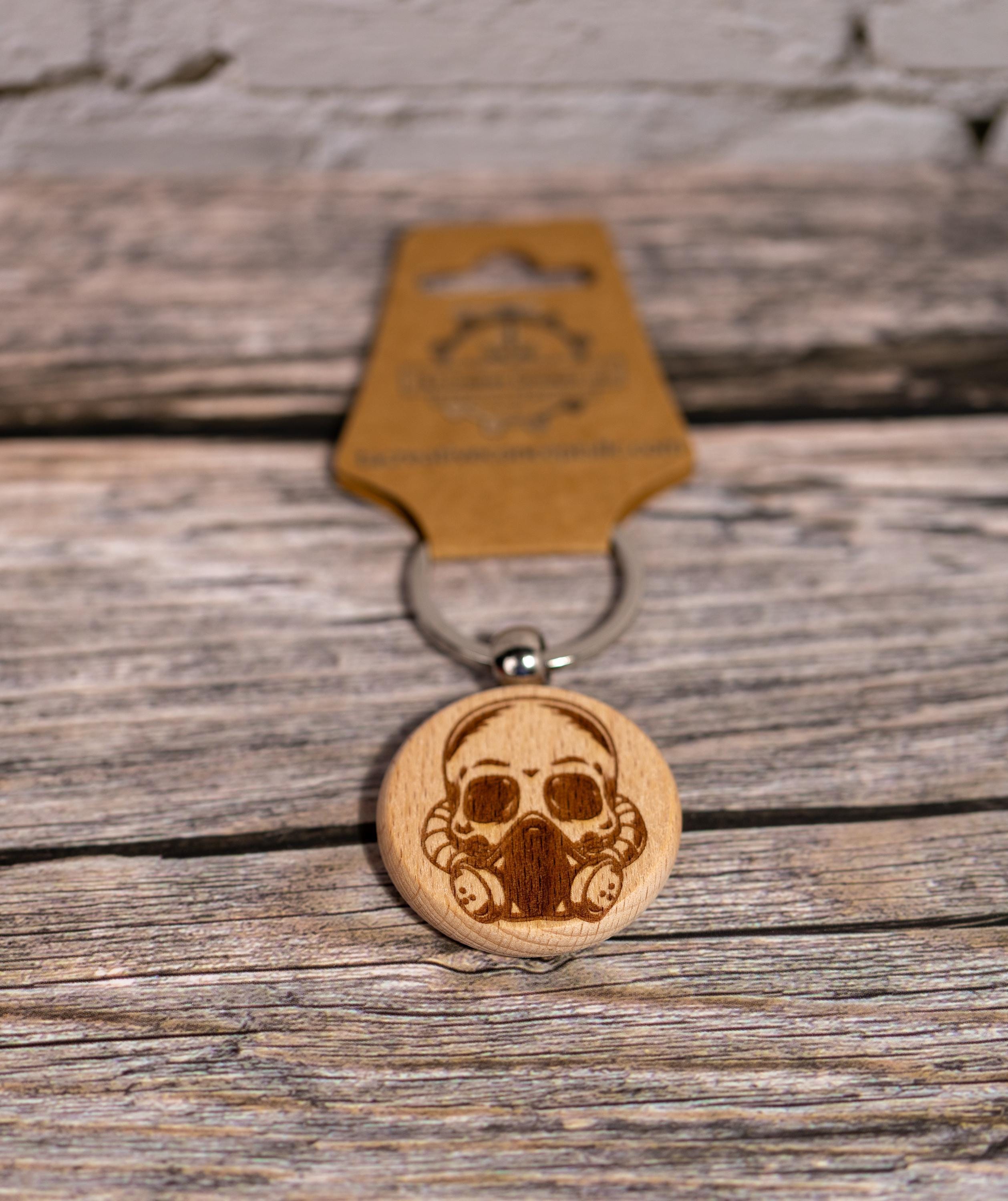Gas mask skull keychain / bag charm: laser engraved hardwood, stainless steel keyring