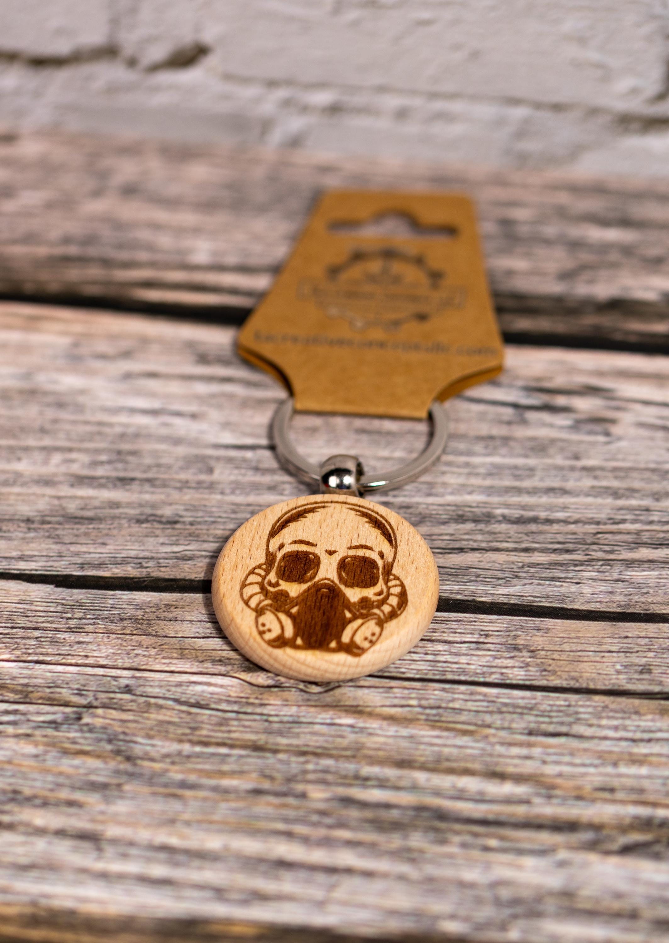 Gas mask skull keychain / bag charm: laser engraved hardwood, stainless steel keyring