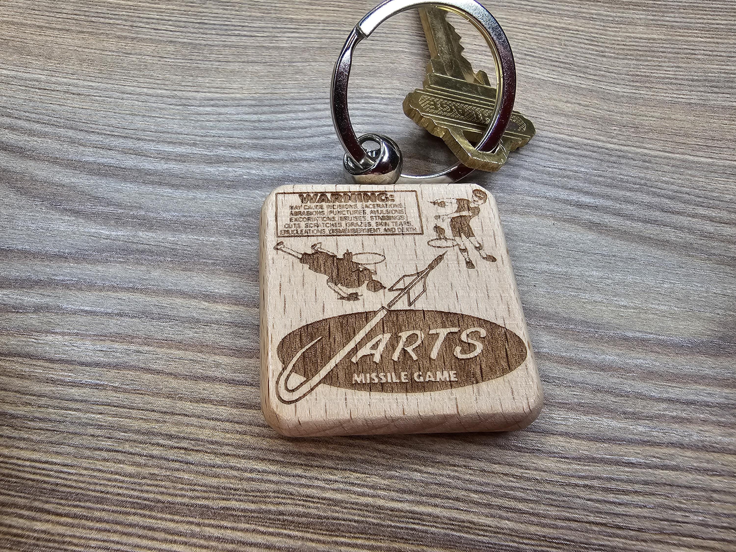 Jarts warning label keychain / bag charm: laser engraved wood, retro toy gift