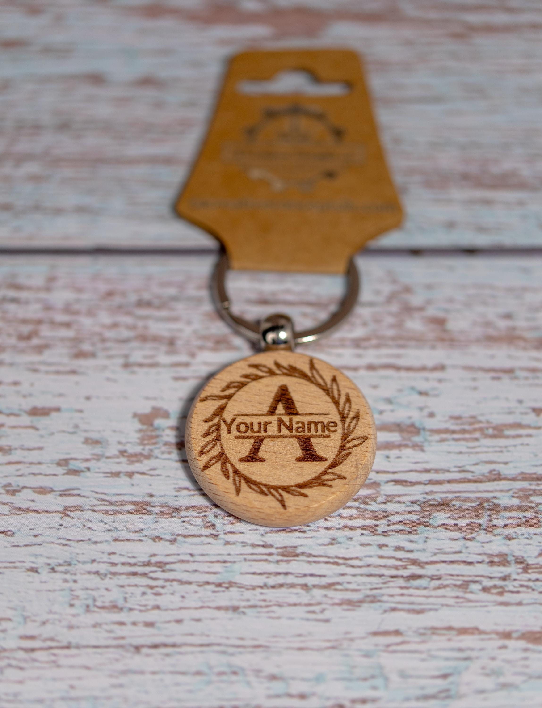 Laser engraved personalized monogram wood keychain | custom initial keyring | handmade rustic gift