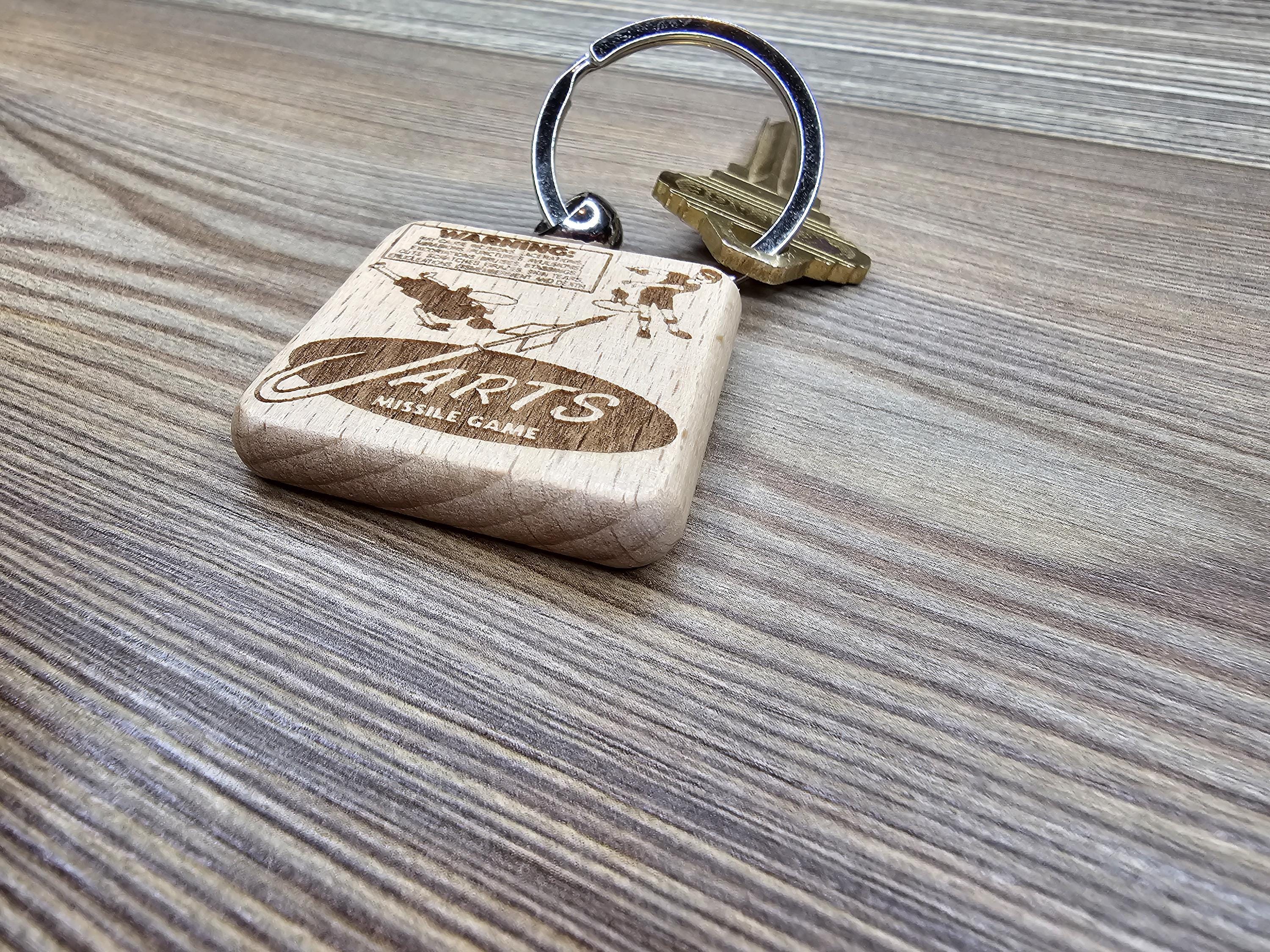 Jarts warning label keychain / bag charm: laser engraved wood, retro toy gift