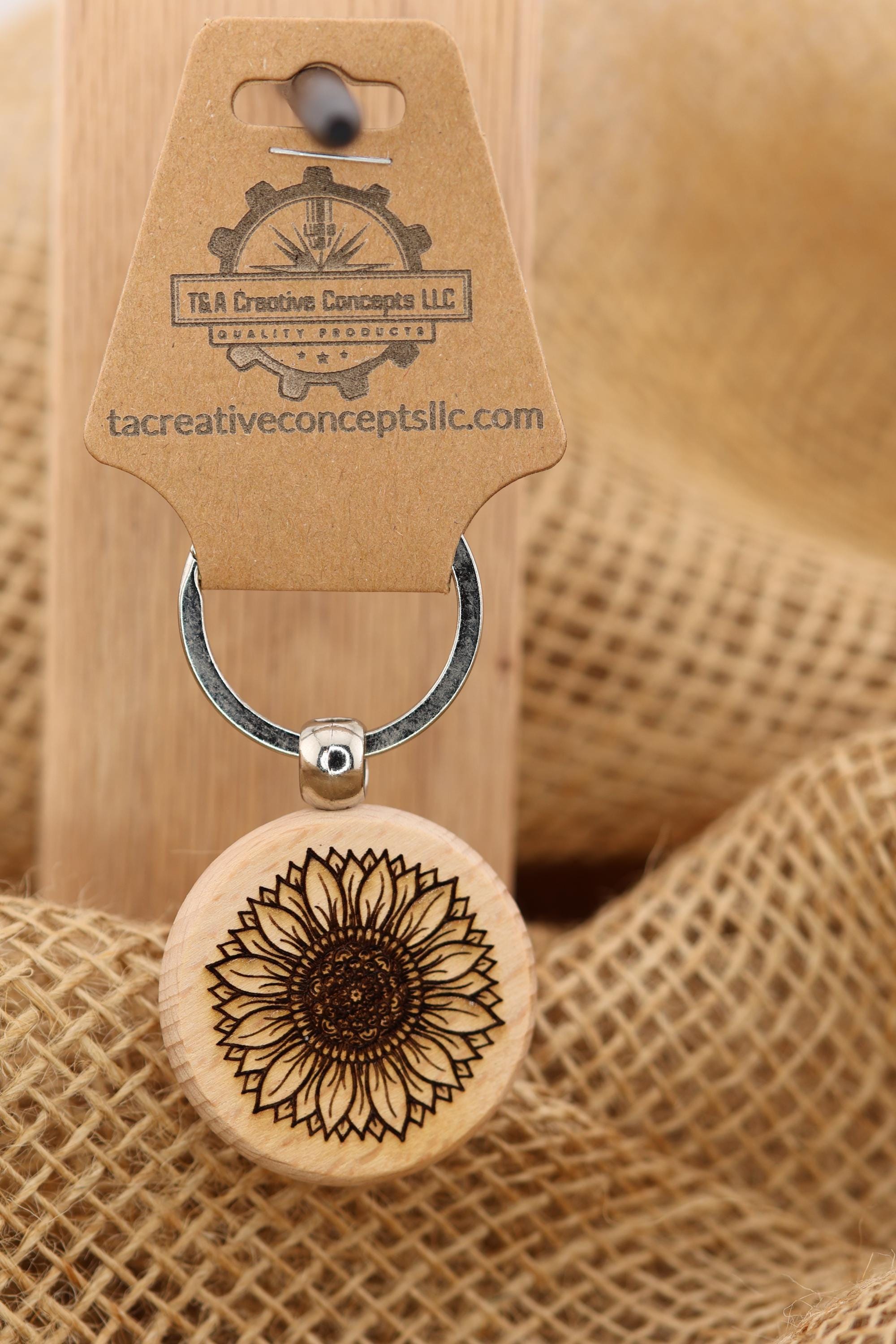 Laser engraved sunflower keychain / bag charm: hardwood tattoo design, stainless steel keyring