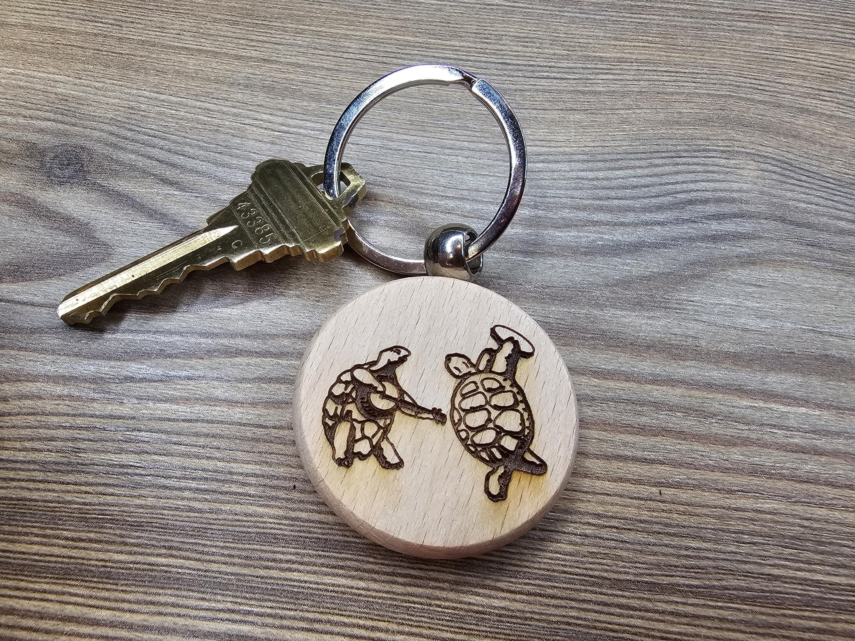 Grateful Dead dancing turtles keychain / bag charm– double-sided laser engraved wood with stainless steel keyring, fan gift.