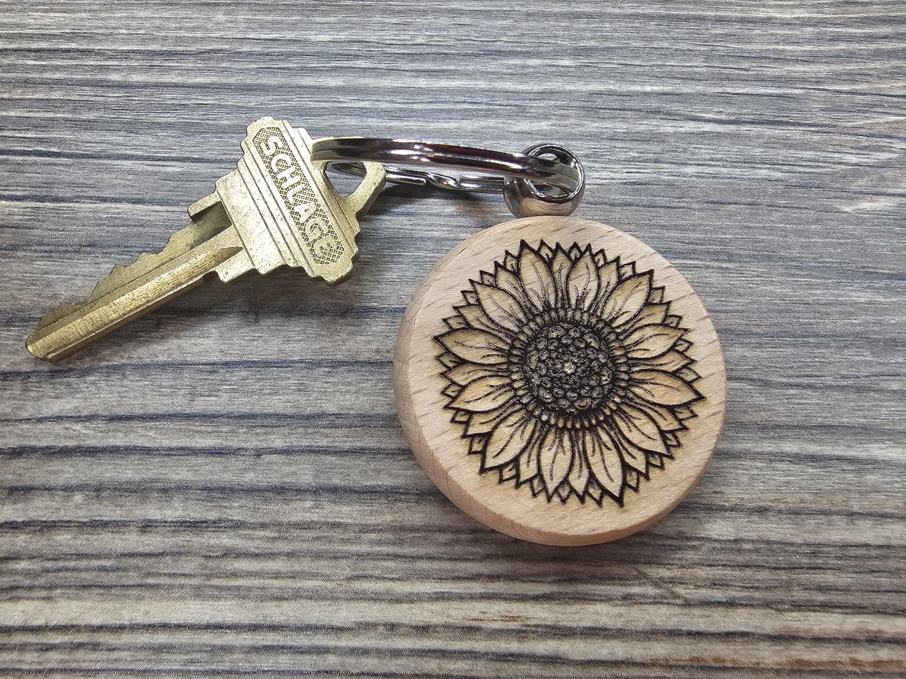 Laser engraved sunflower keychain / bag charm: hardwood tattoo design, stainless steel keyring
