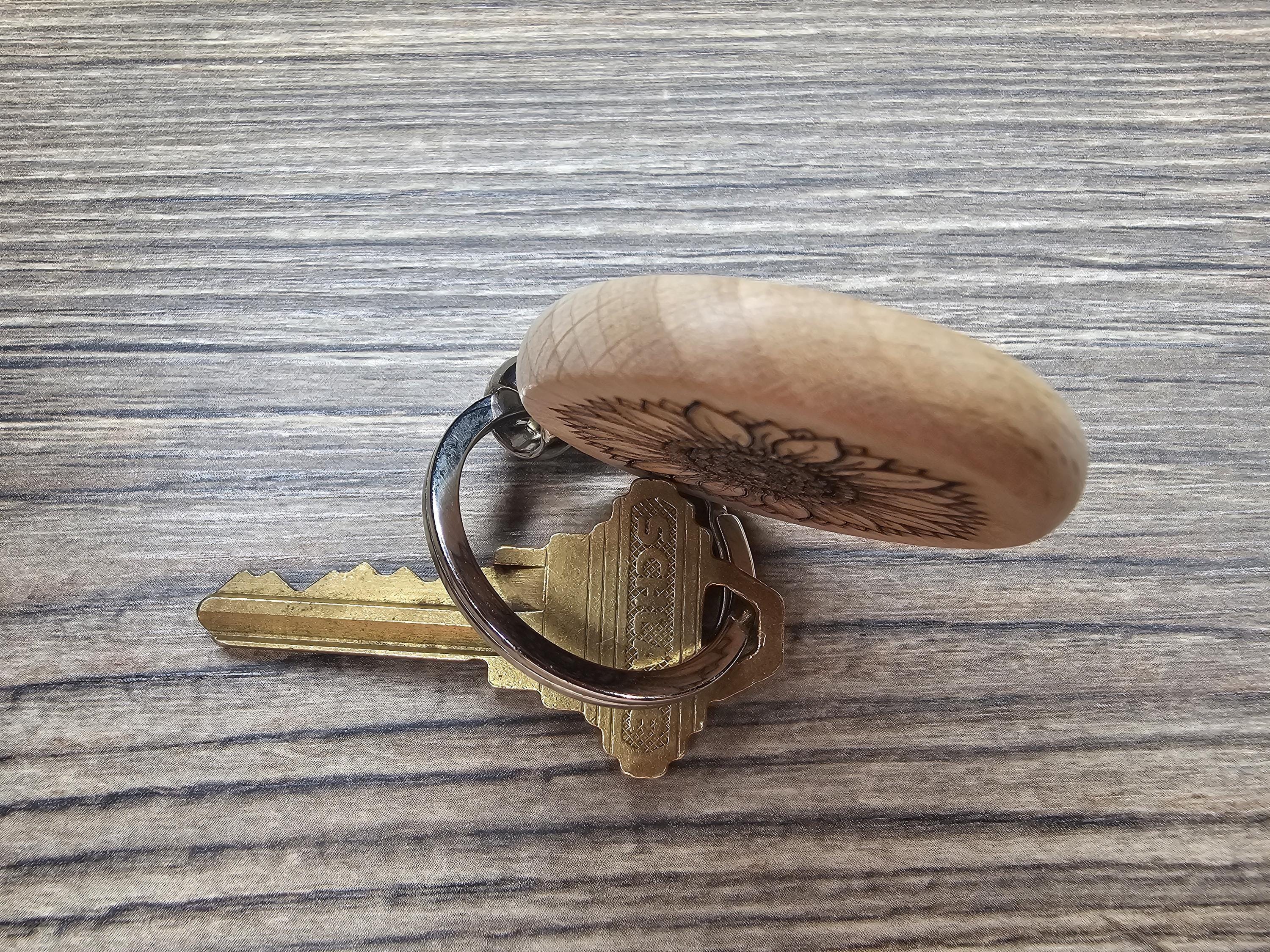 Laser engraved sunflower keychain / bag charm: hardwood tattoo design, stainless steel keyring