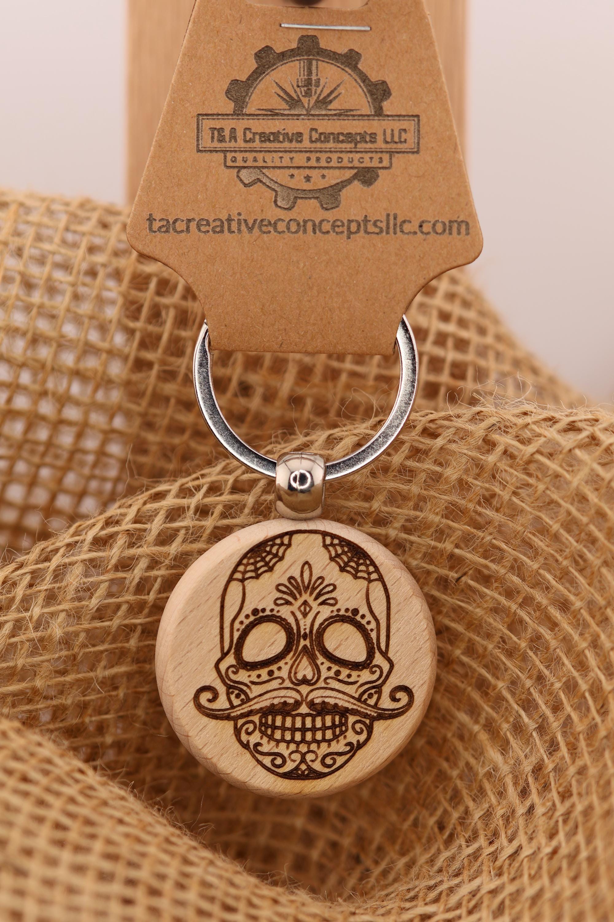 Sugar Skull keychain / bag charm – double-sided laser engraved wood with stainless steel keyring, day of the dead gift