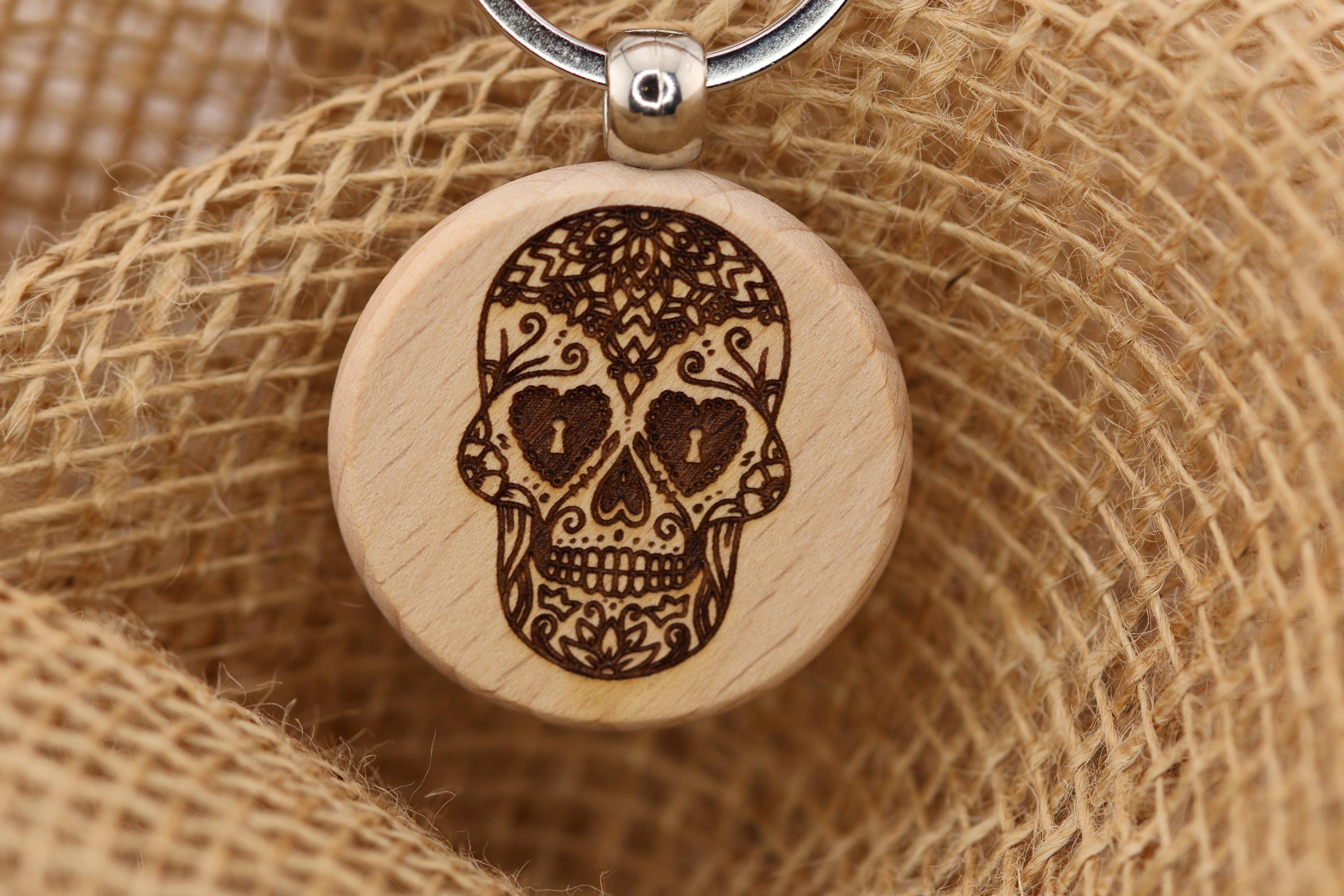 Sugar skull keychain / bag charm – double-sided laser engraved wood with stainless steel keyring, day of the dead gift