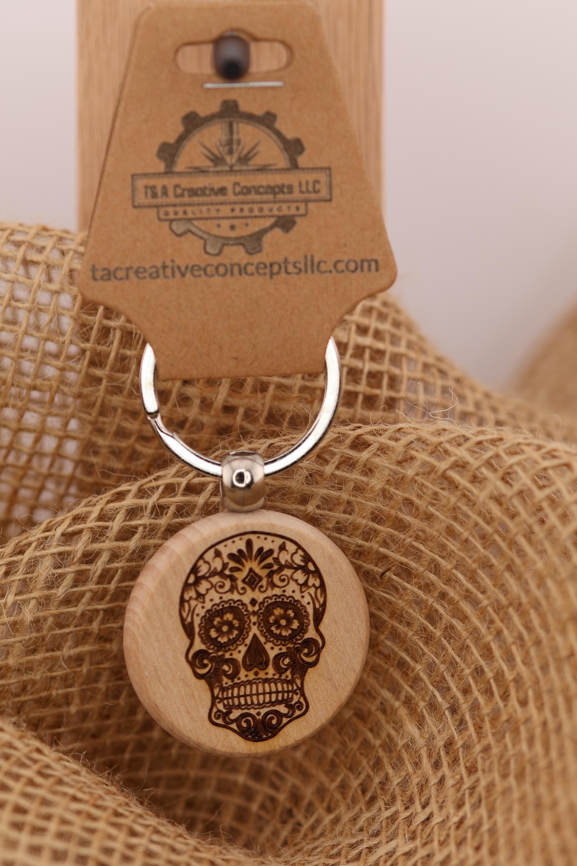 Sugar skull keychain – double-sided laser engraved wood with stainless steel keyring / bag charm, day of the dead gift
