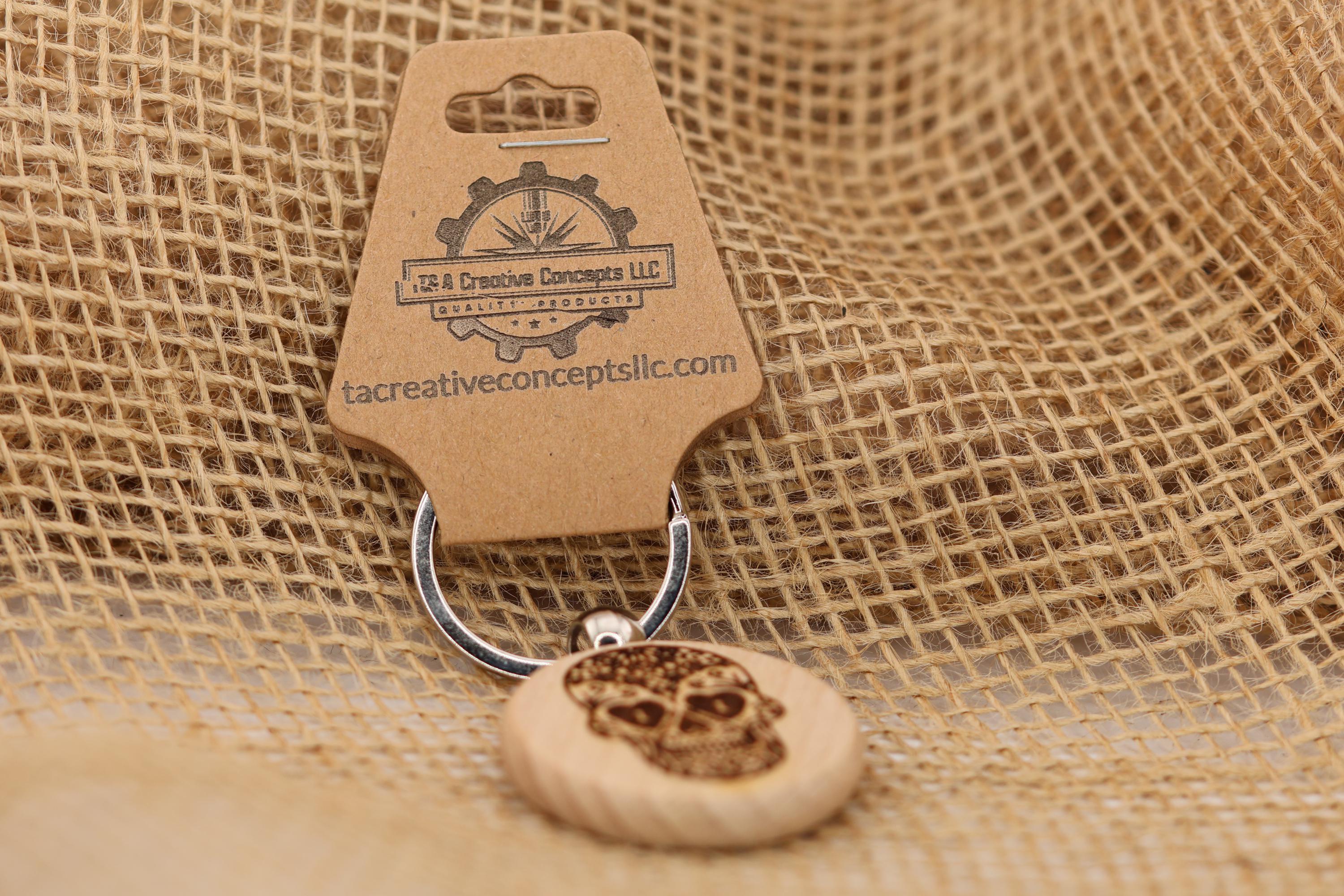 Sugar skull keychain / bag charm – double-sided laser engraved wood with stainless steel keyring, day of the dead gift
