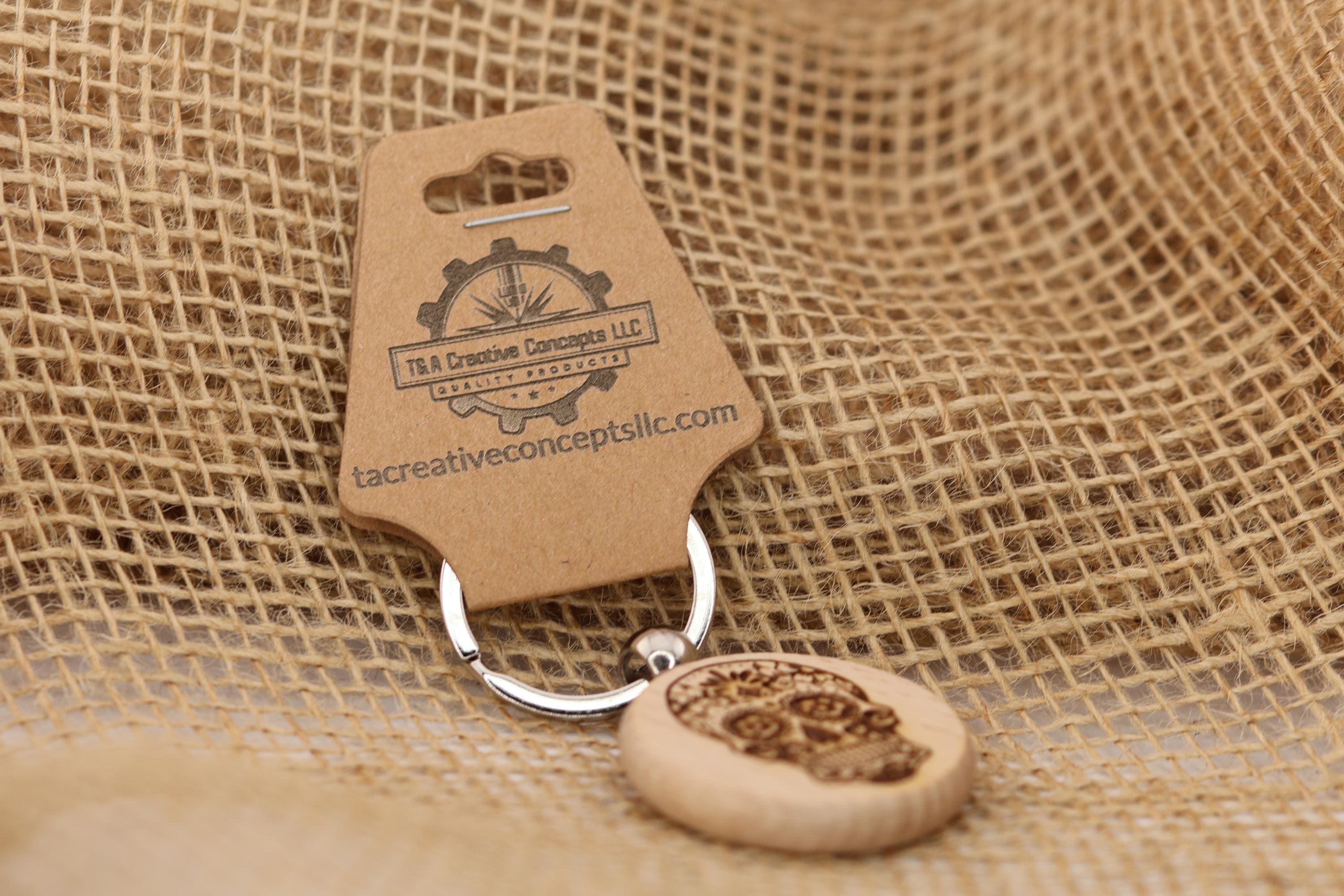 Sugar skull keychain – double-sided laser engraved wood with stainless steel keyring / bag charm, day of the dead gift