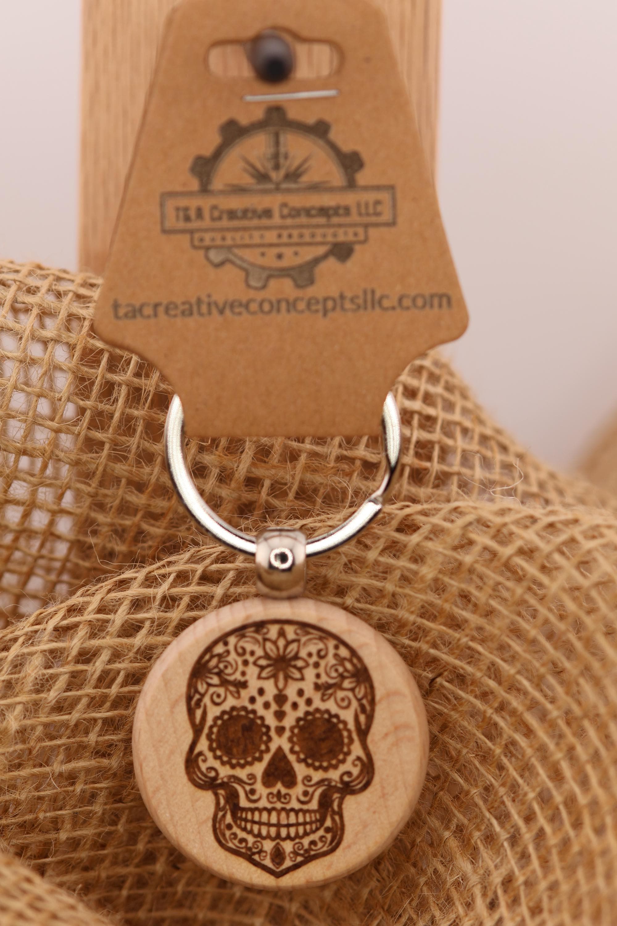 Sugar skull keychain / bag charm – double-sided laser engraved wood with stainless steel keyring, day of the dead gift