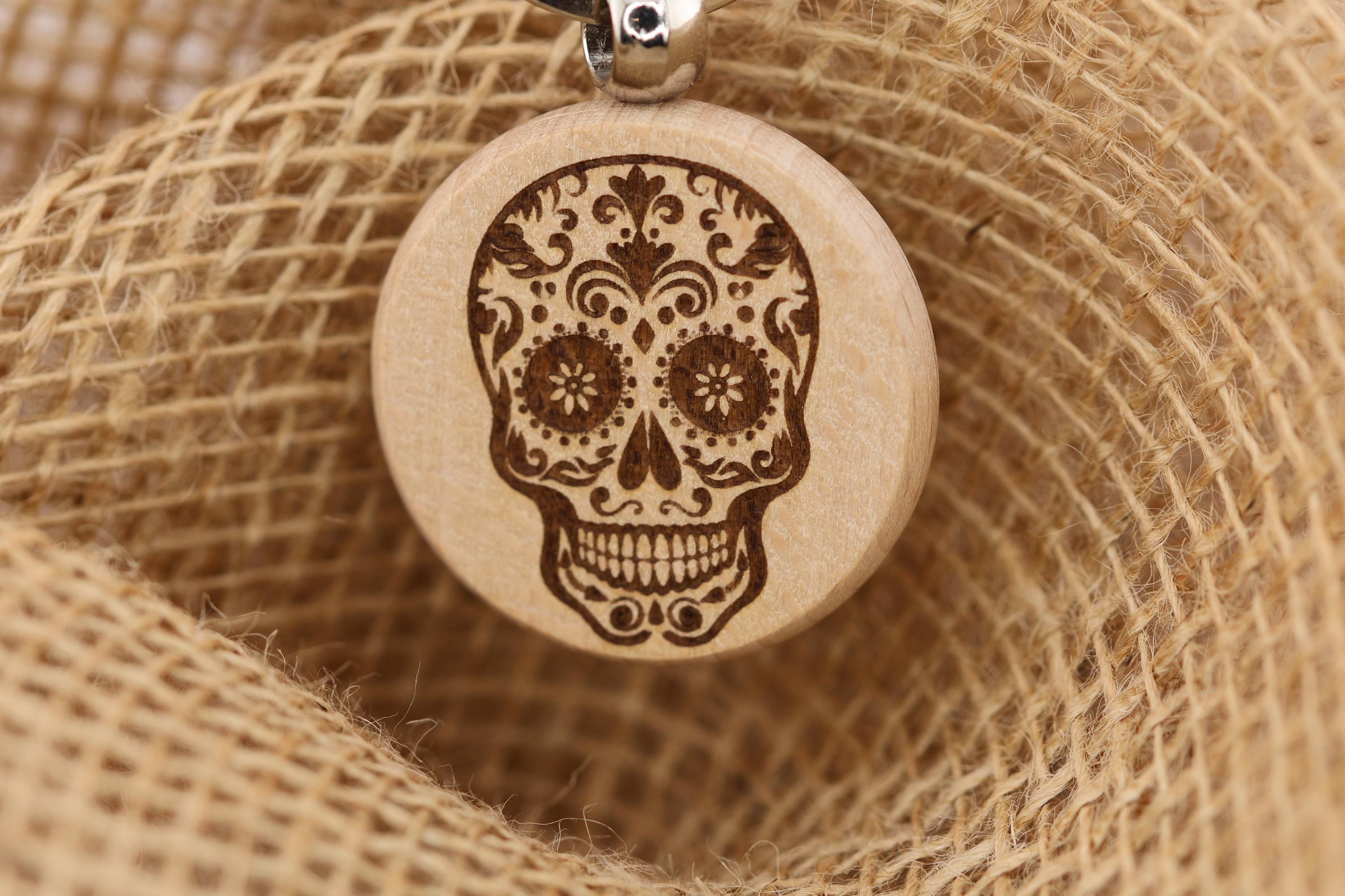 Sugar skull keychain / bag charm – double-sided laser engraved wood with stainless steel keyring, day of the dead gift