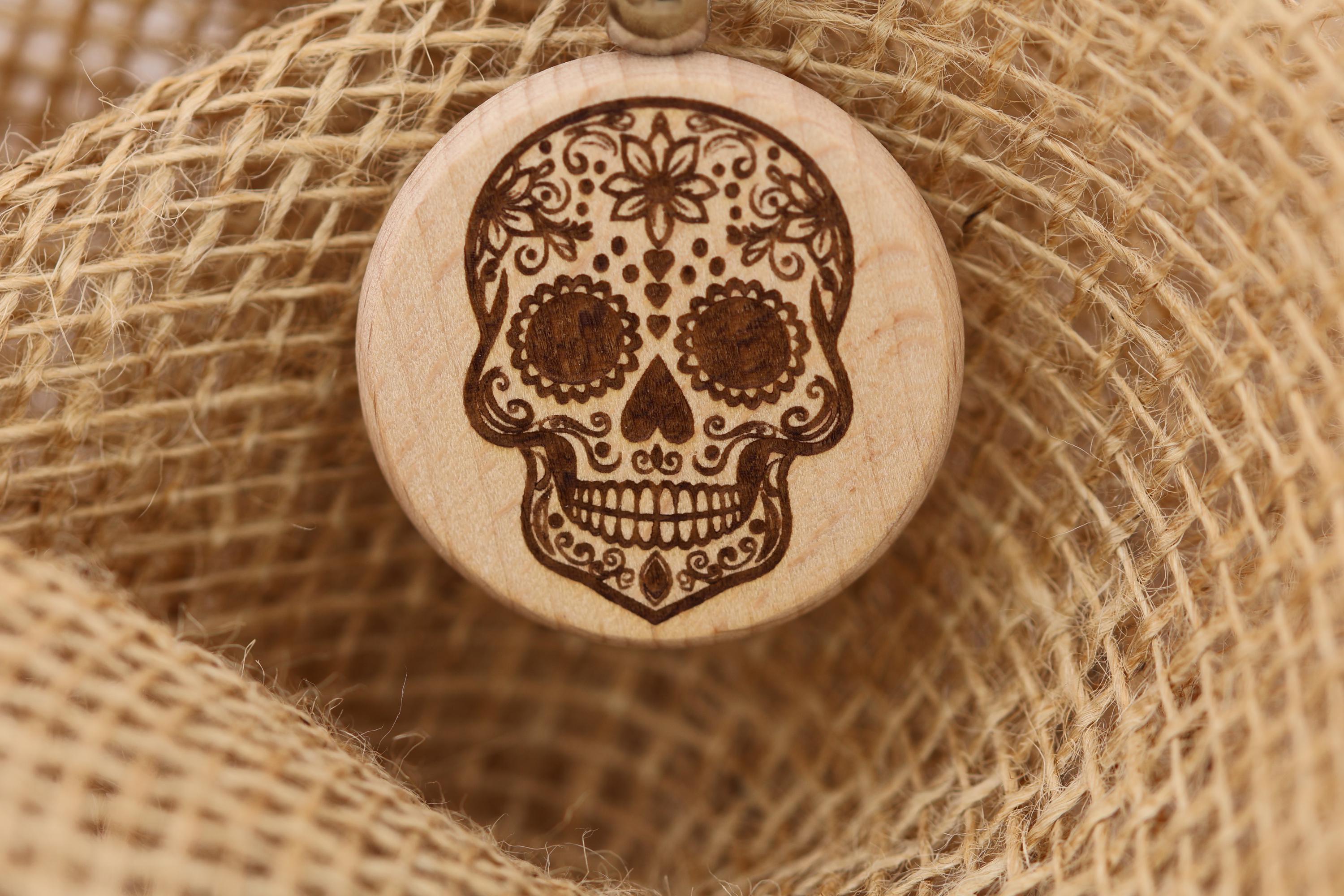 Sugar skull keychain / bag charm – double-sided laser engraved wood with stainless steel keyring, day of the dead gift
