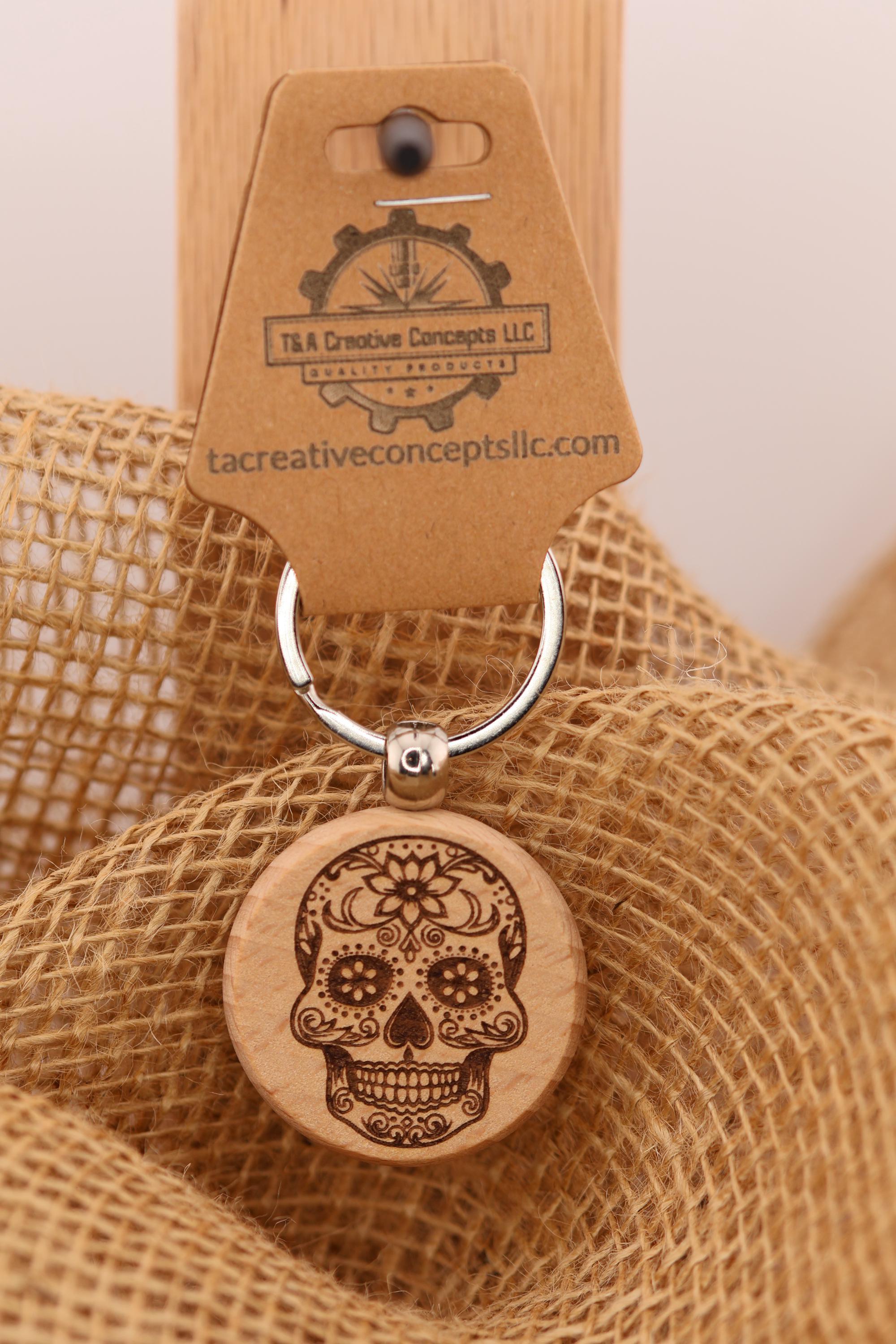 Sugar skull keychain / bag charm – double-sided laser engraved wood with stainless steel keyring, day of the dead gift