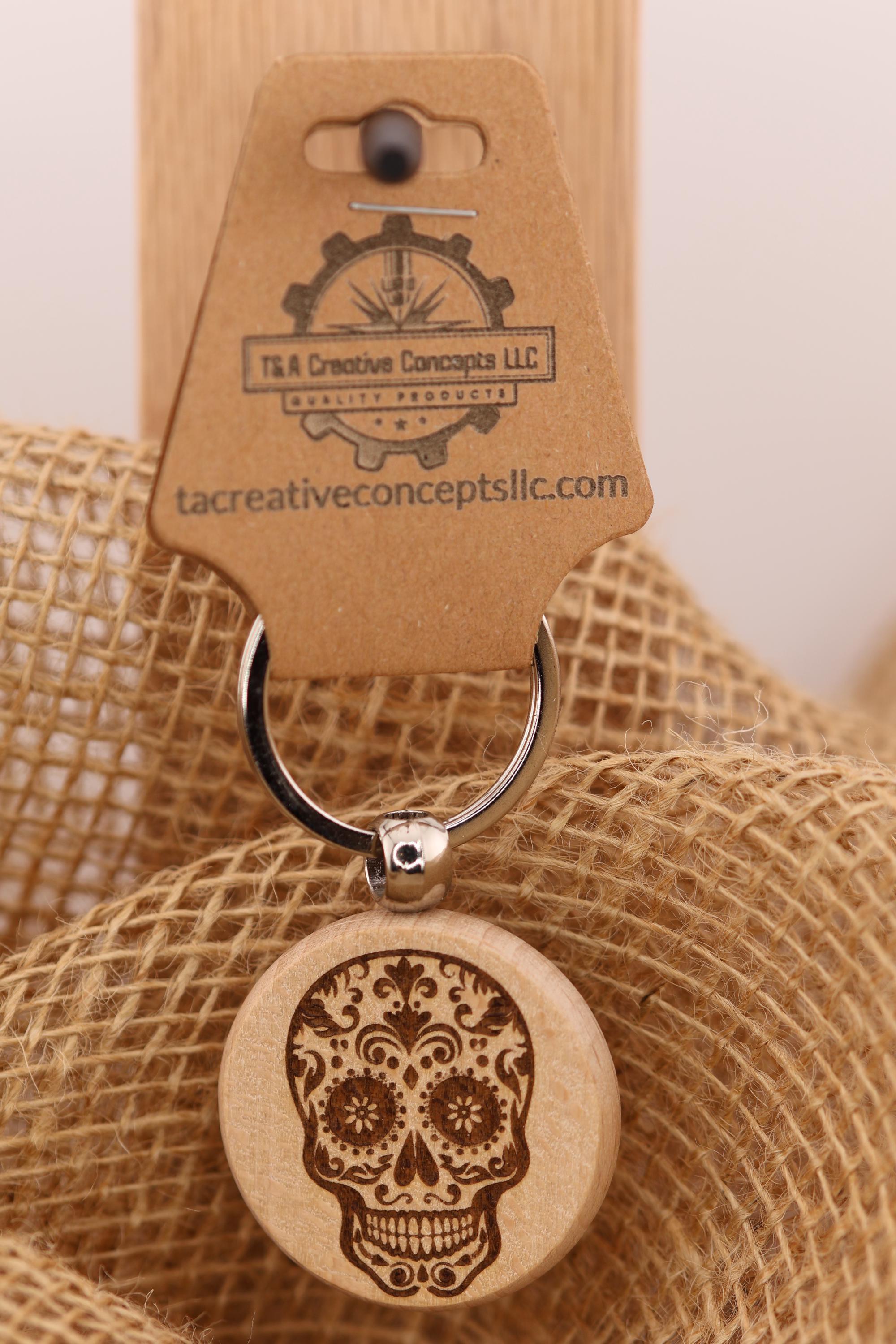 Sugar skull keychain / bag charm – double-sided laser engraved wood with stainless steel keyring, day of the dead gift
