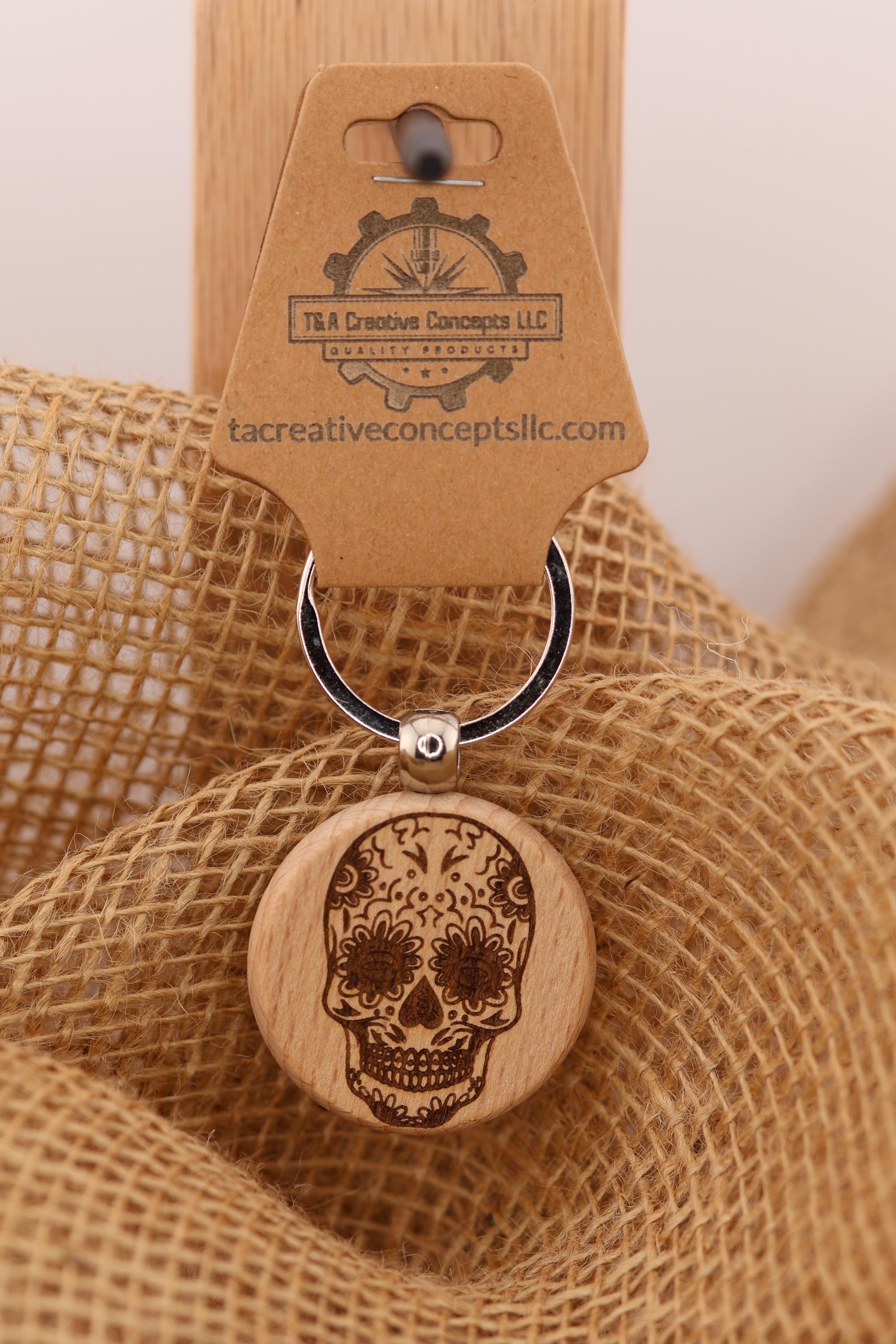 Sugar skull keychain / bag charm– double-sided laser engraved wood with stainless steel keyring, day of the dead gift