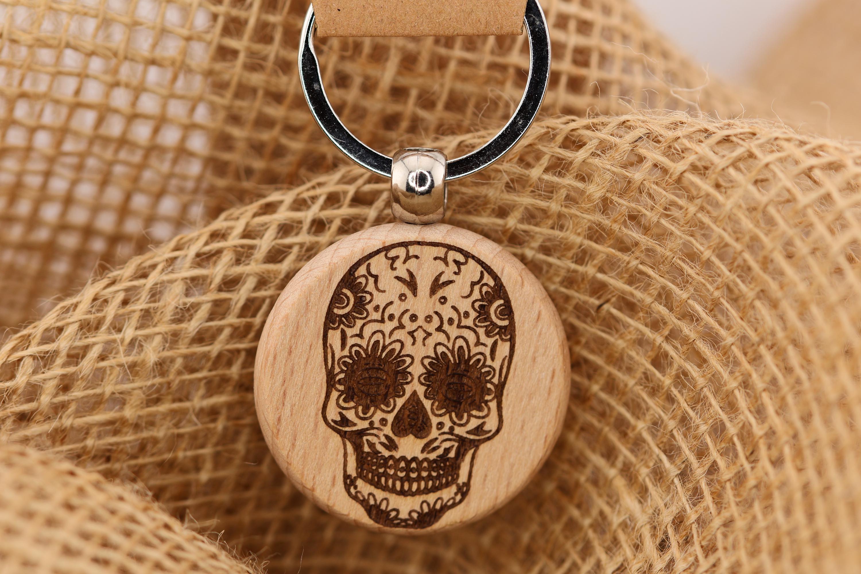 Sugar skull keychain / bag charm– double-sided laser engraved wood with stainless steel keyring, day of the dead gift
