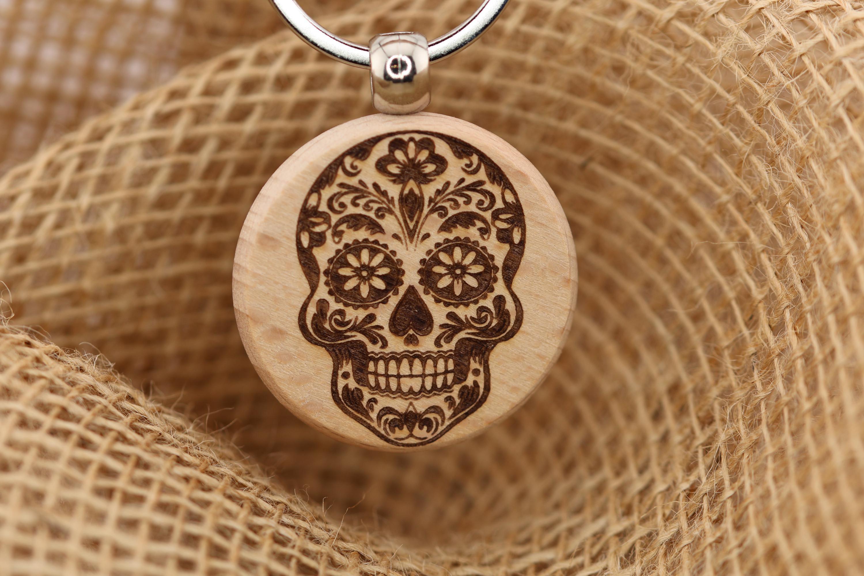 Sugar skull keychain / bag charm – double-sided laser engraved wood with stainless steel keyring, day of the dead gift
