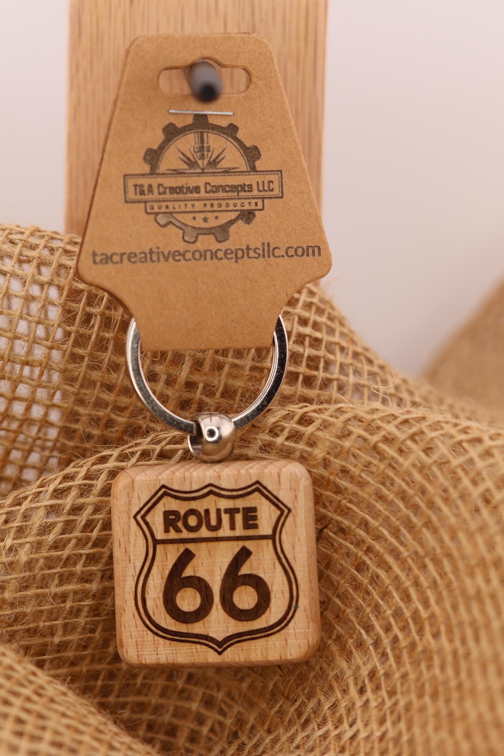 Route 66 keychain / bag charm: laser engraved hardwood, stainless steel keyring