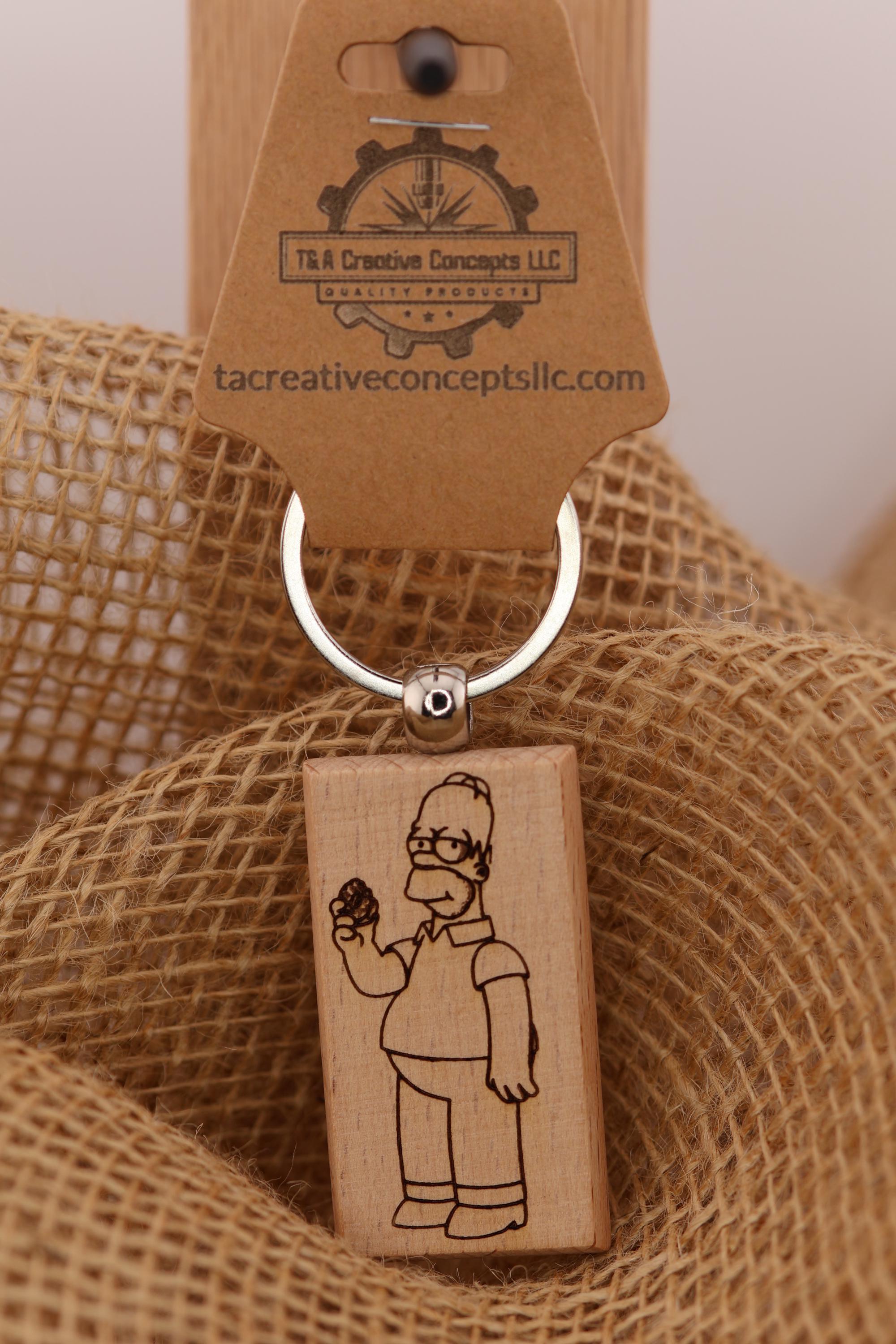 Laser engraved Homer Simpson keychain / bag charm: double-sided hardwood, stainless steel keyring