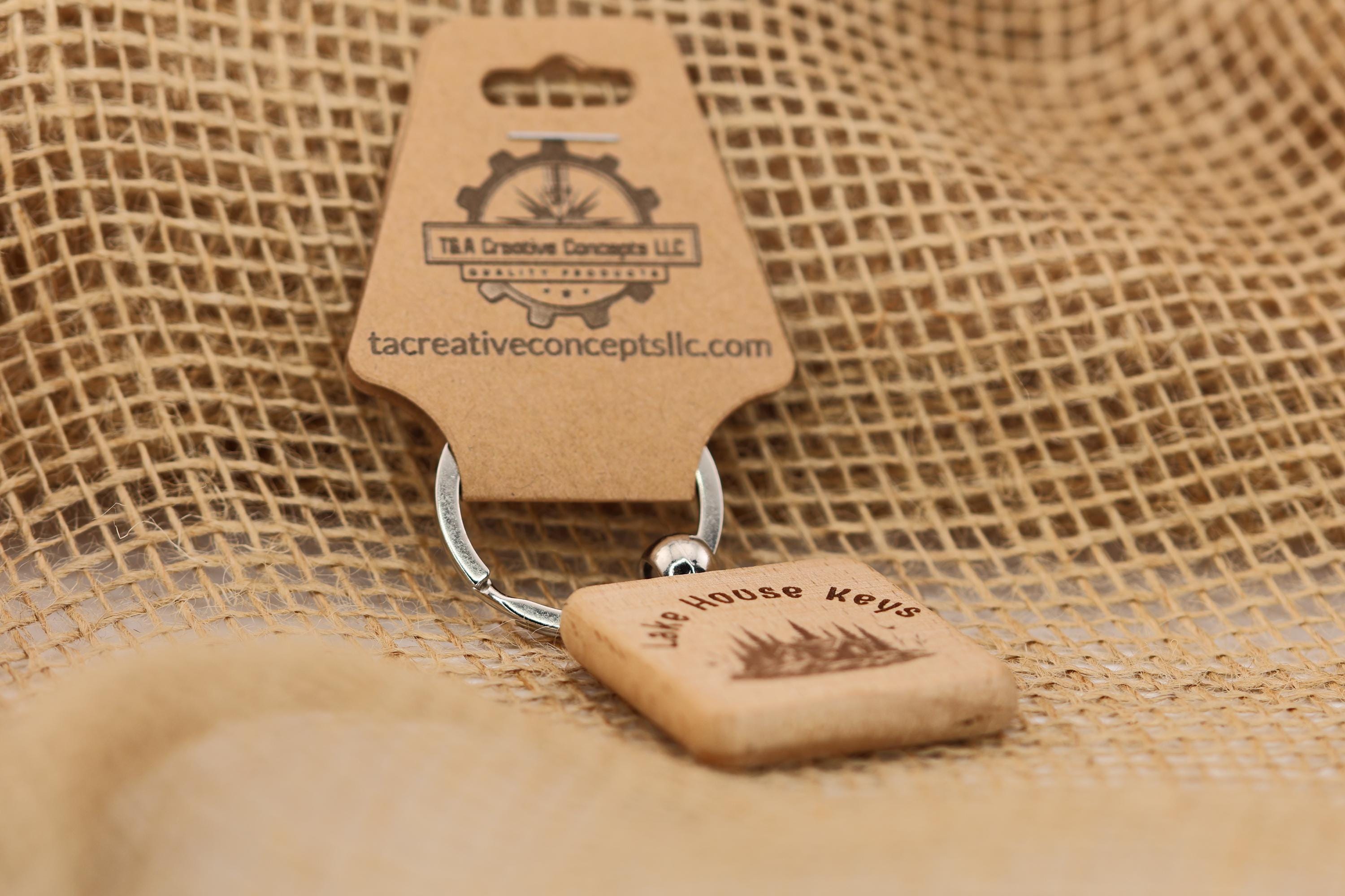 Lake house keys keychain: double-sided engraved hardwood, stainless steel keyring