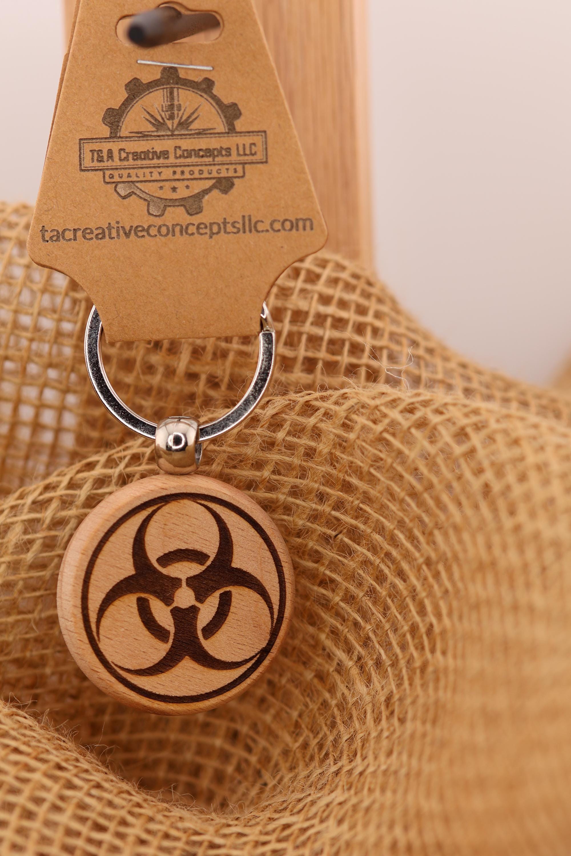 Laser engraved Biohazard symbol keychain / bag charm: hardwood gift