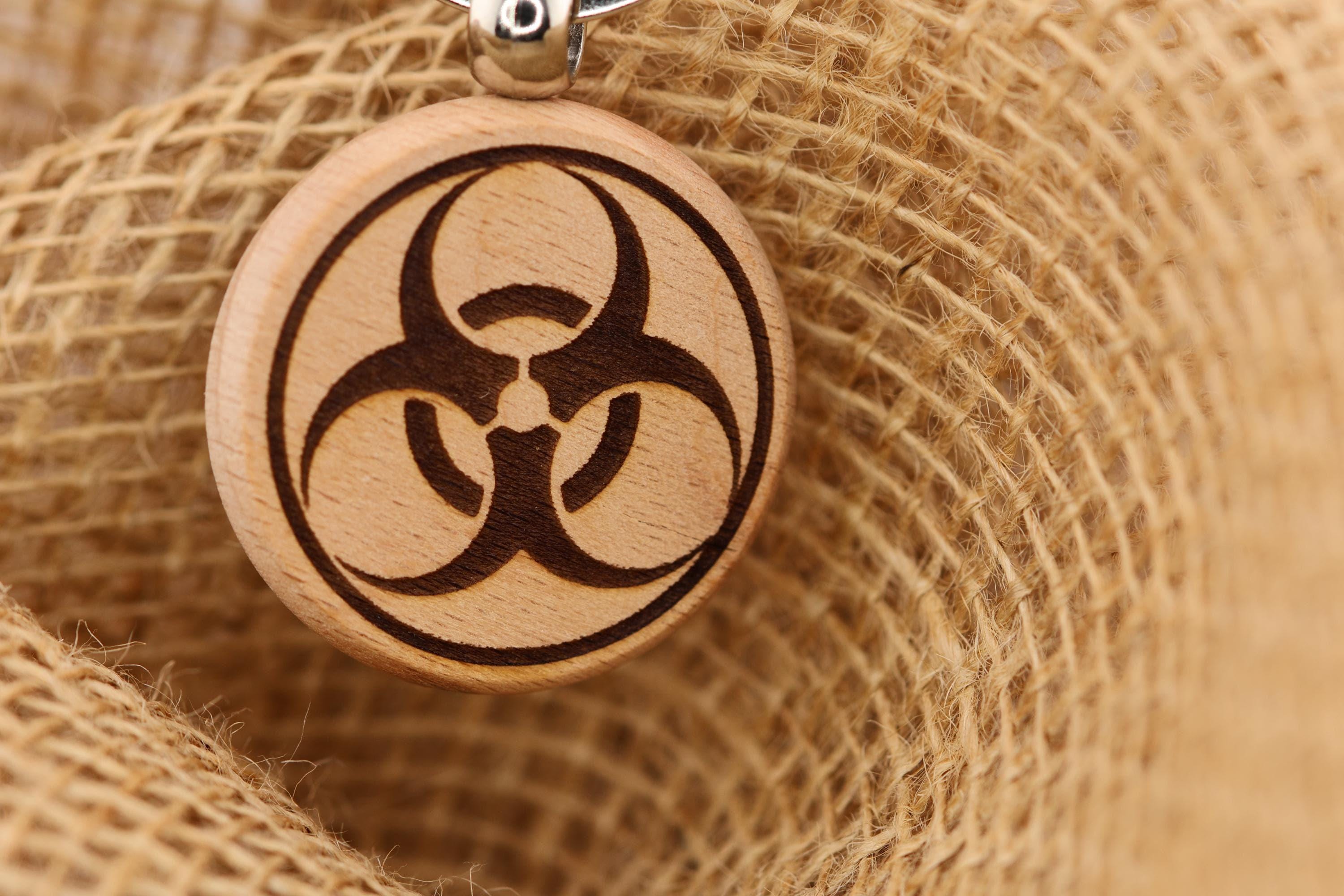Laser engraved Biohazard symbol keychain / bag charm: hardwood gift