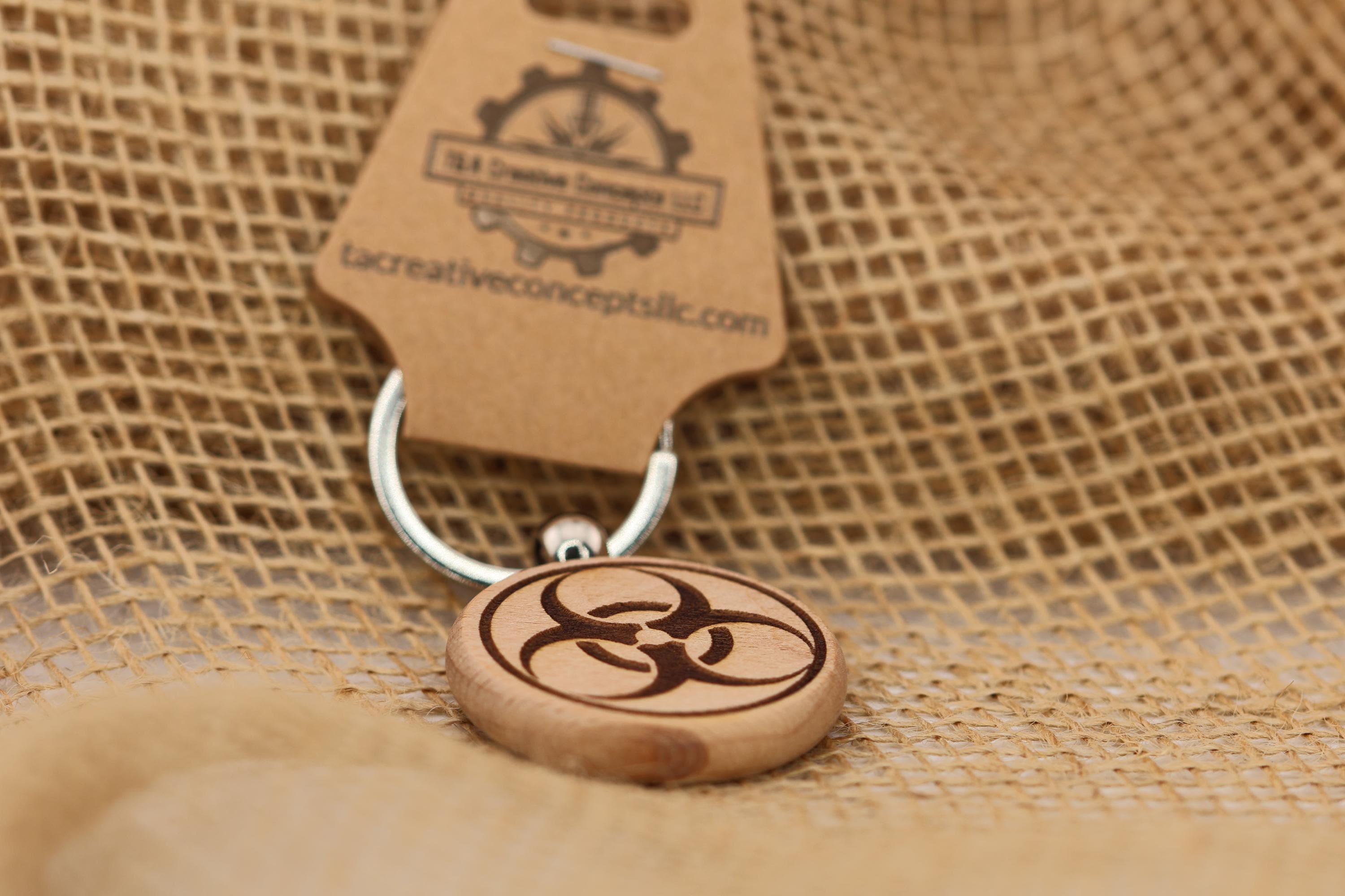 Laser engraved Biohazard symbol keychain / bag charm: hardwood gift