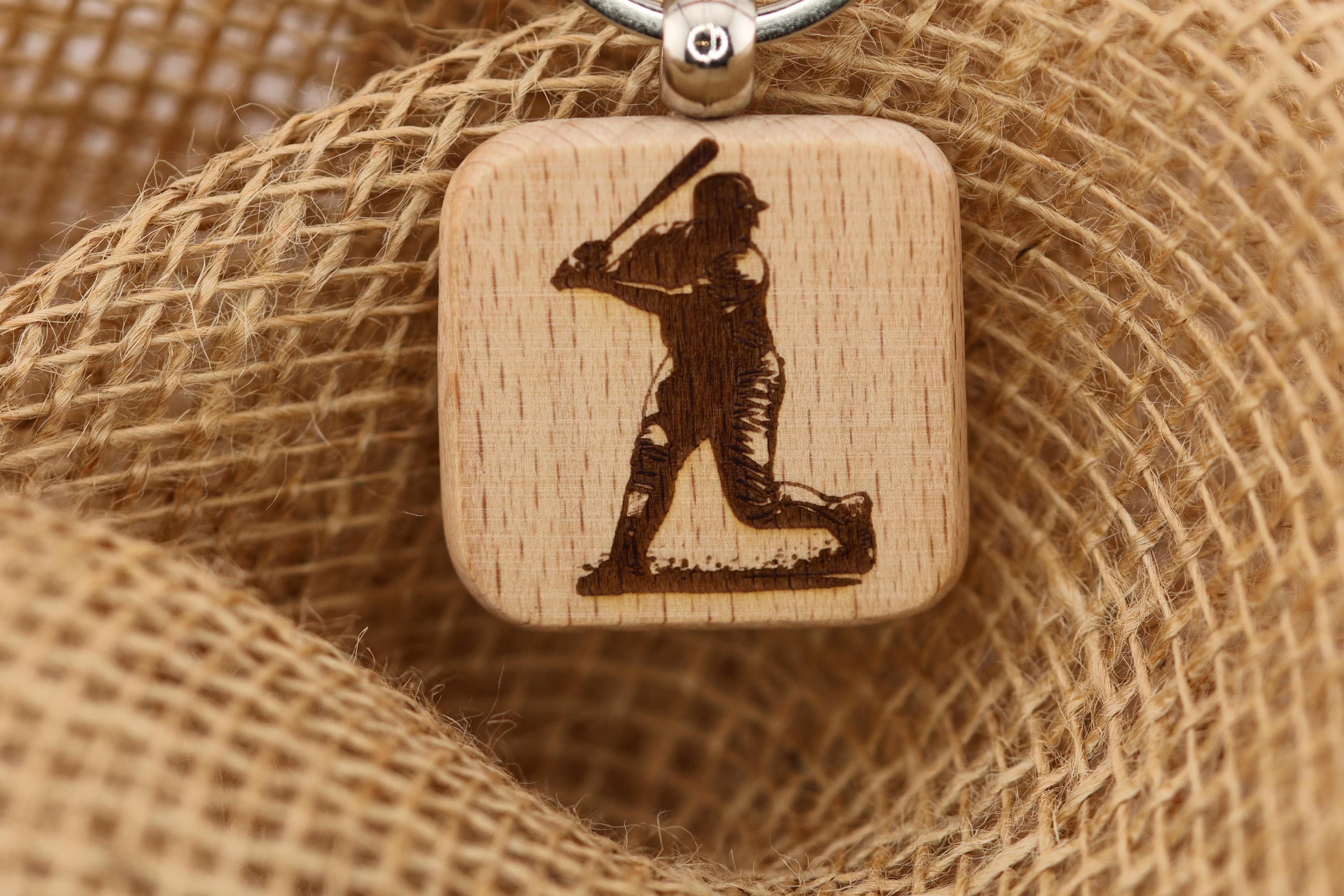 Laser engraved wood baseball batter keychain / bag charm: stainless steel keyring
