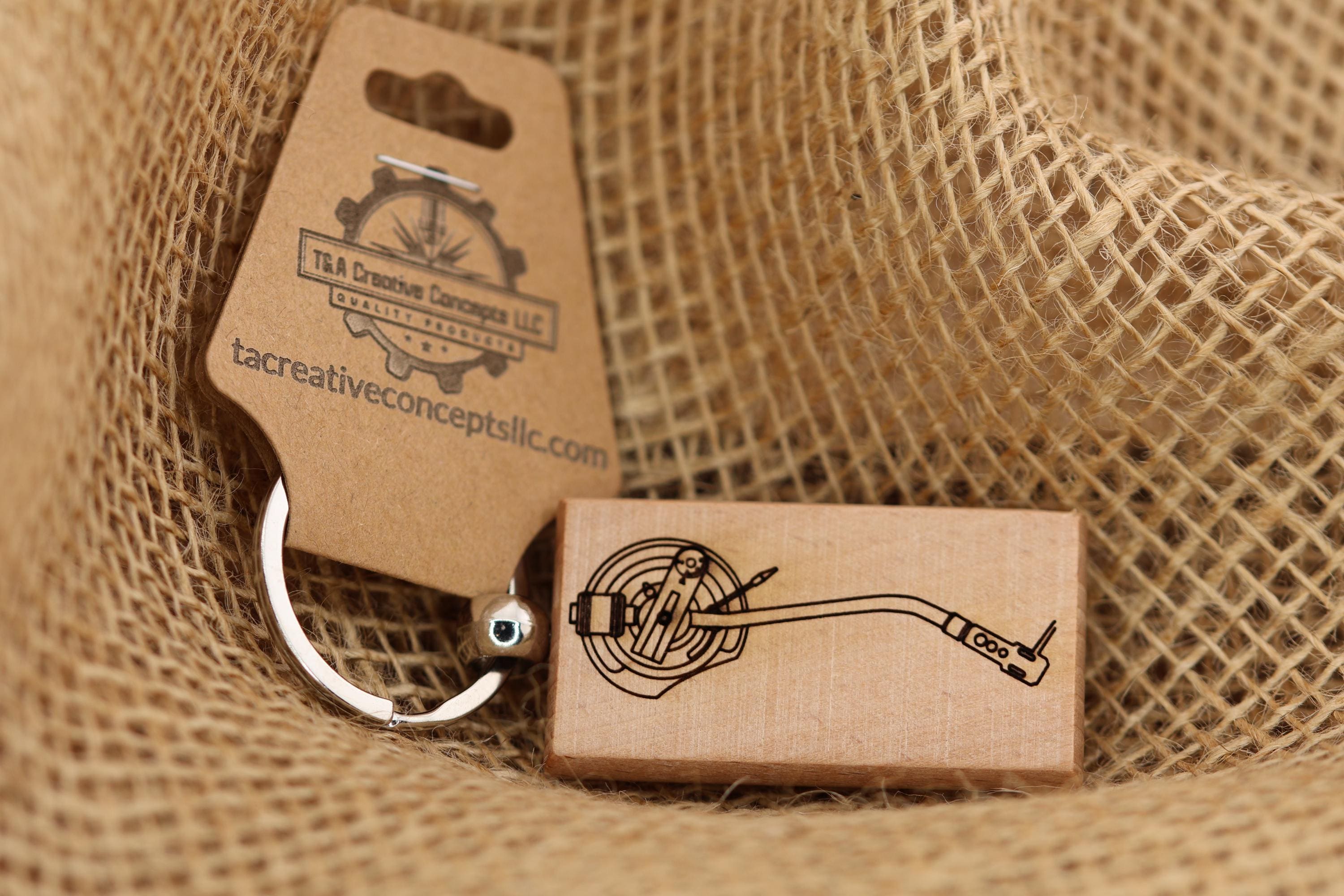 Turntable tonearm keychain / bag charm: laser engraved wood & stainless steel
