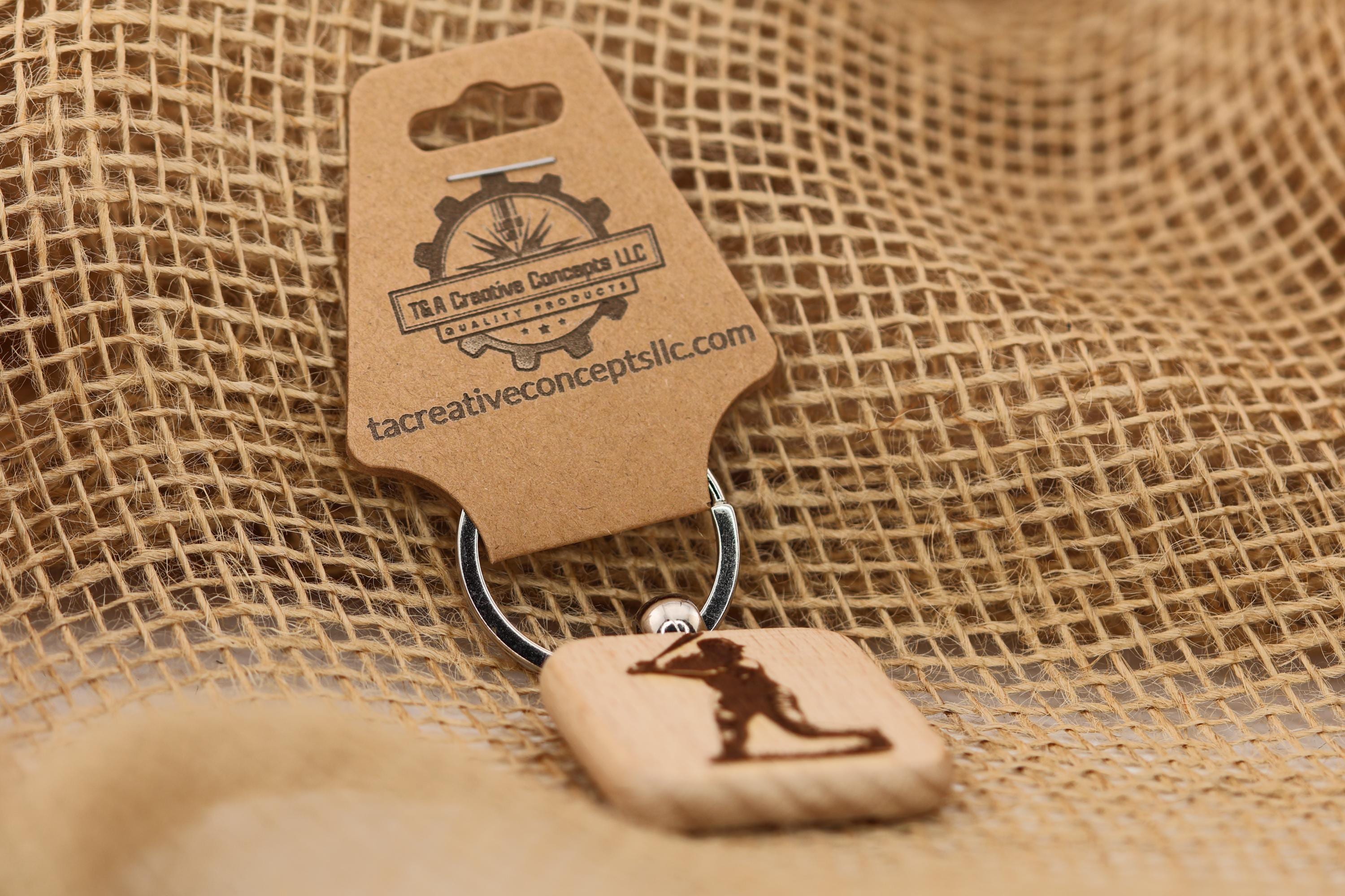 Laser engraved wood baseball batter keychain / bag charm: stainless steel keyring