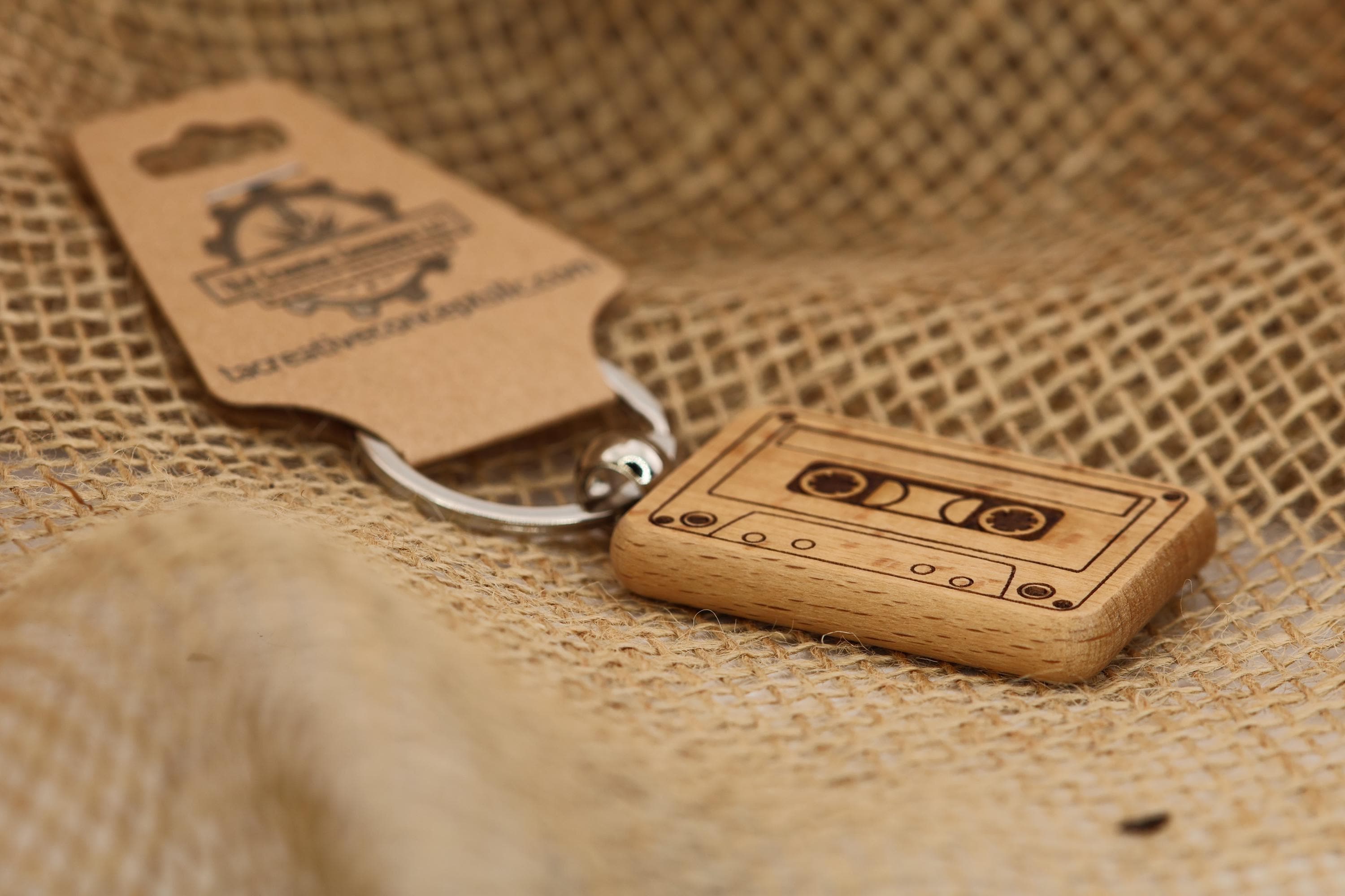 Laser engraved wood cassette tape keychain / bag charm: retro music gift