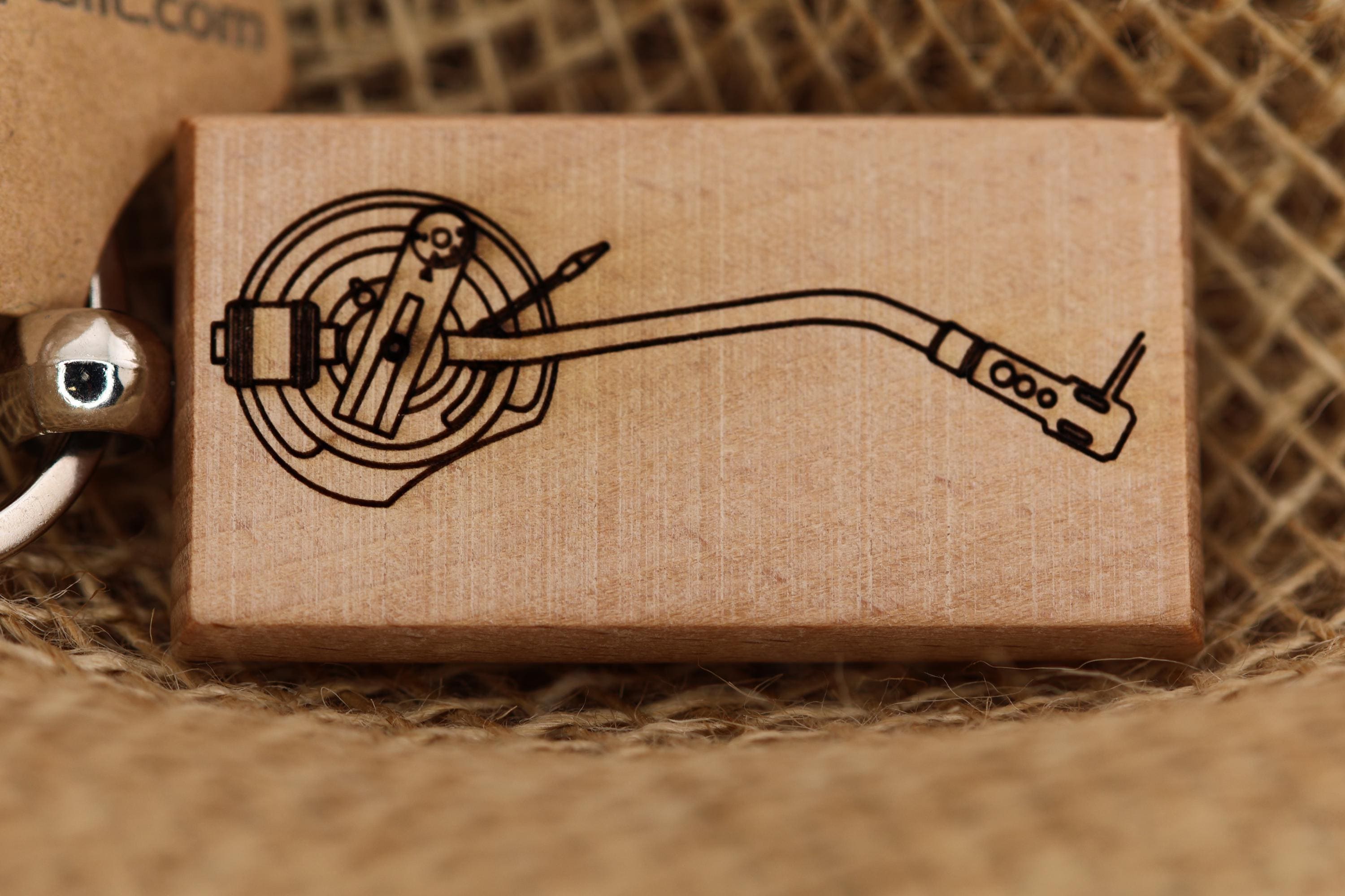 Turntable tonearm keychain / bag charm: laser engraved wood & stainless steel