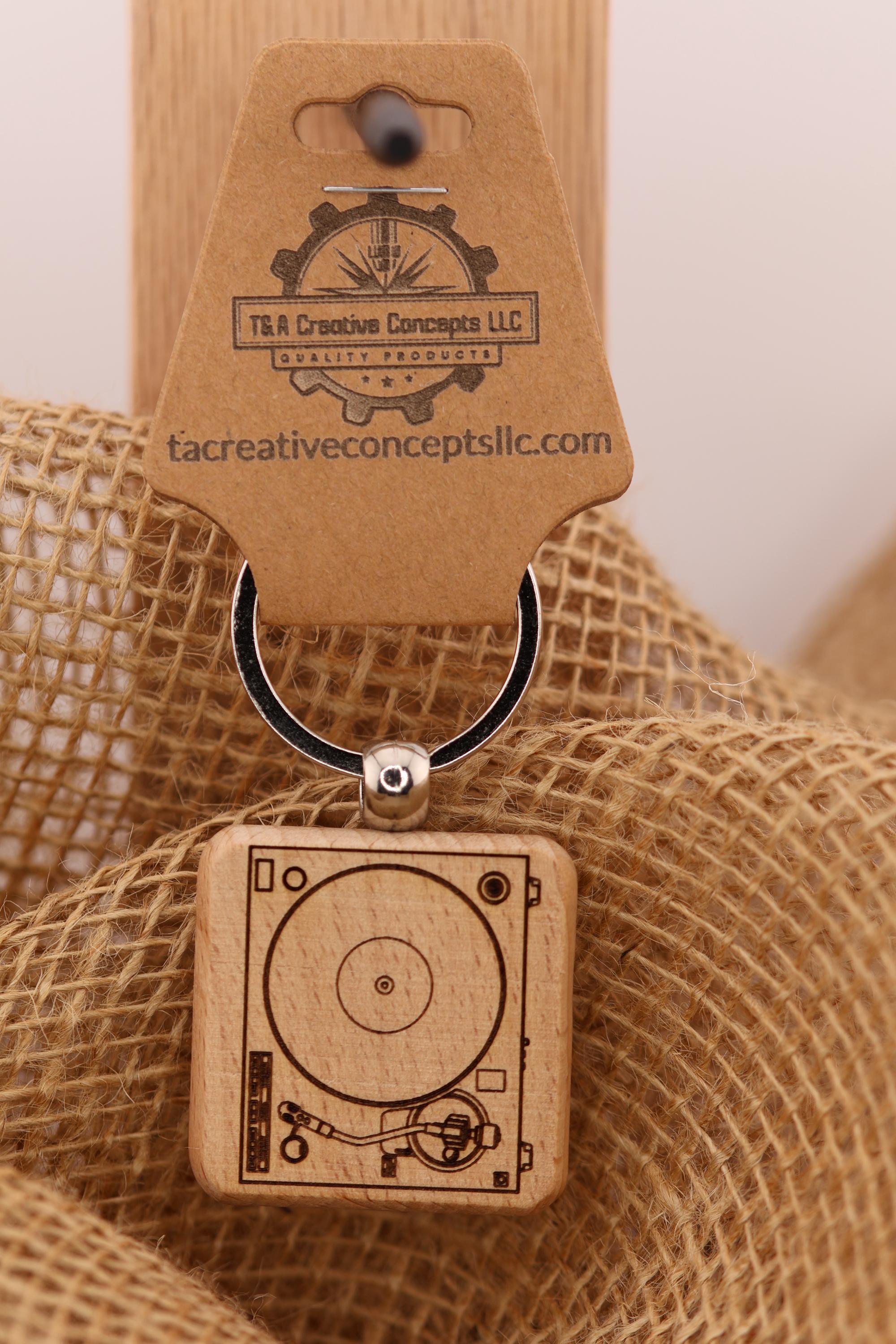 Laser engraved wood record turntable keychain / bag charm: music lover gift