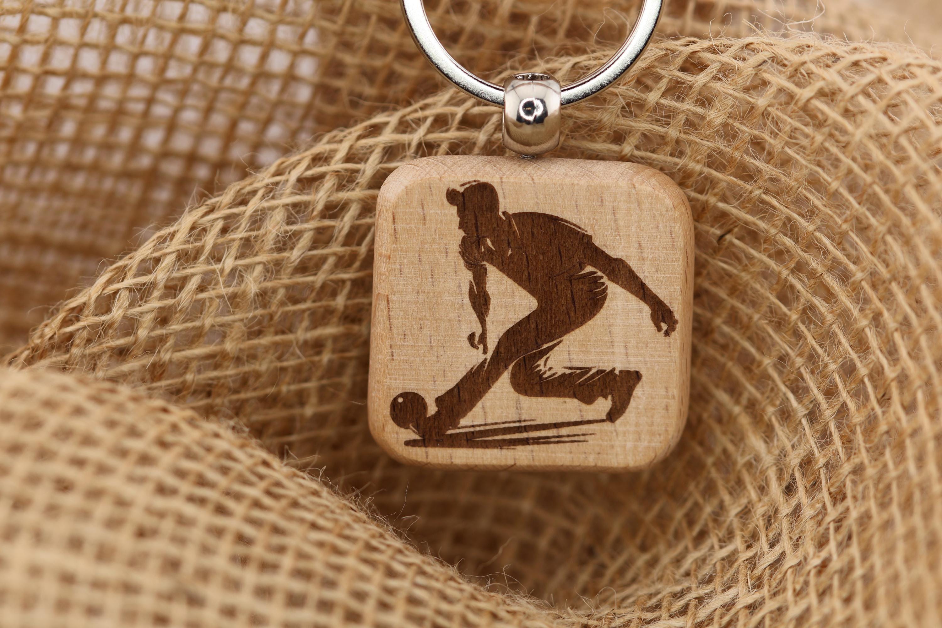Laser engraved wood bowling keychain / bag charm: stainless steel keyring, sports gift